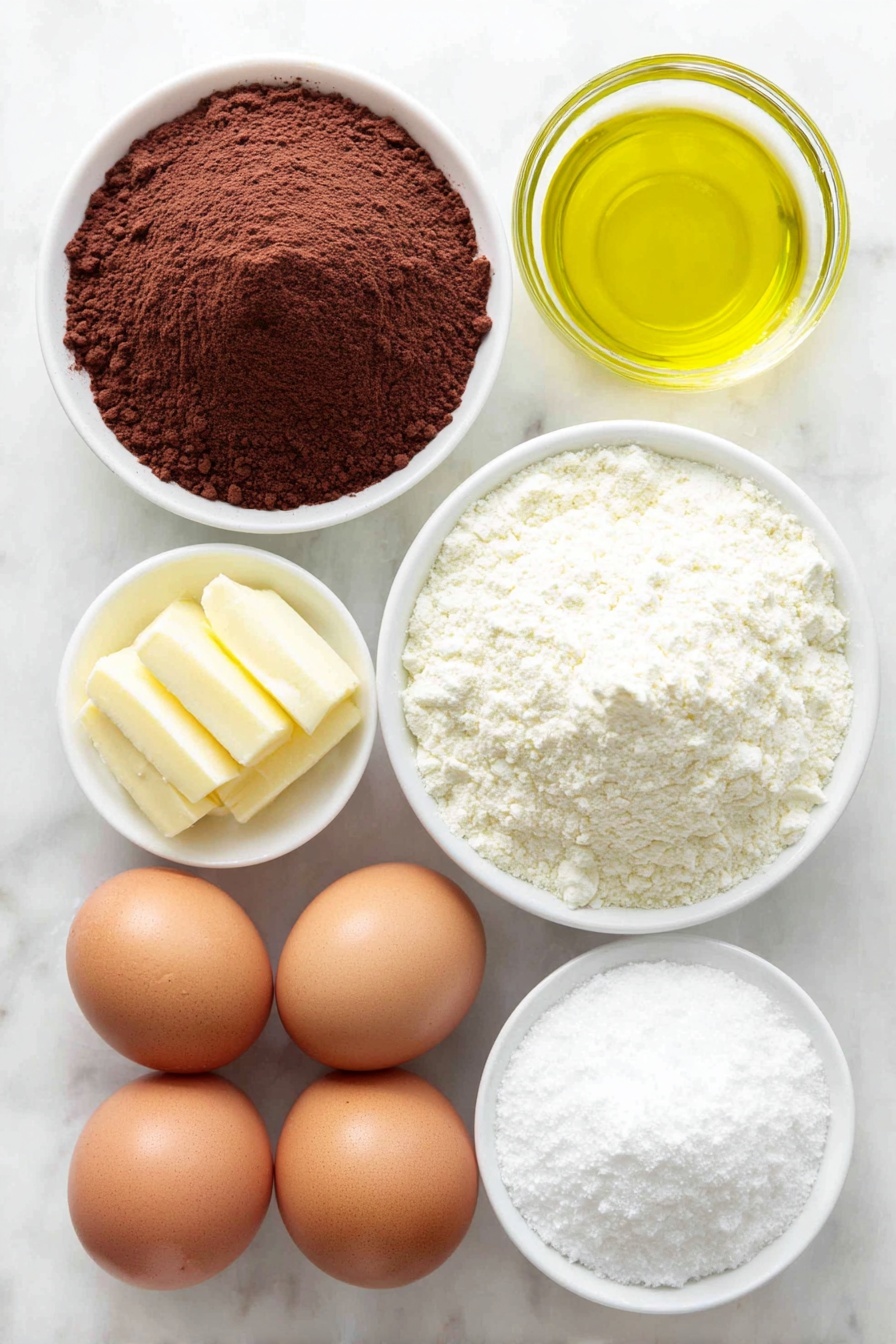 Flat lay of a small mound of rich unsweetened cocoa powder, a neat pile of granulated white sugar crystals, a small white ceramic bowl filled with golden vegetable oil, four large brown eggs with smooth uncracked shells, a tiny white bowl holding clear vanilla extract, a small heap of all-purpose flour, a few teaspoons of light beige baking powder piled neatly, a small pinch of fine salt, and a small white bowl filled with fluffy powdered sugar, all arranged in perfect symmetry on a clean white ceramic surface, placed on a clean white marble surface, soft natural light, photo taken with an iPhone, professional food photography style, fresh ingredients, white ceramic bowls, no bottles, no duplicates, no utensils, no packaging --ar 2:3 --v 7 --p m7354615311229779997 - Chocolate Crinkle Cookies, fudgy cookie recipe, crackly sugar cookies, easy chocolate cookies, chewy chocolate cookies