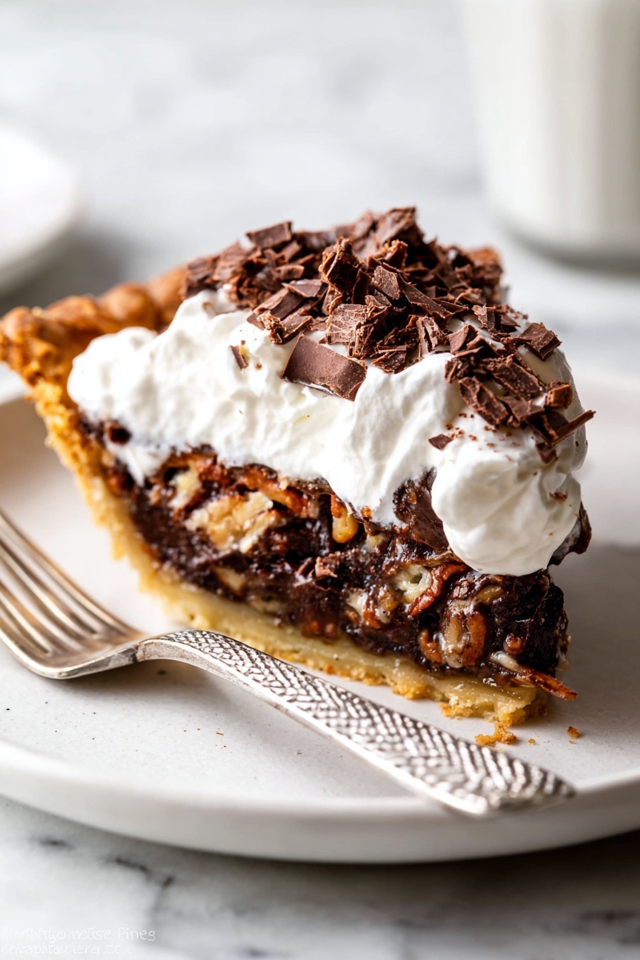 A round pecan pie is shown from above in a clear glass pie dish with a golden brown, unevenly crimped crust forming the outer edge. The pie filling is dark brown and textured with whole pecans placed close together, and generous dollops of melted chocolate spread unevenly on top. Small grains of coarse sea salt are scattered across the surface, adding a slight sparkle. The pie sits on a white marbled surface. photo taken with an iphone --ar 2:3 --v 7 - Dark Chocolate Pecan Pie, best pecan pie with chocolate, chocolate nut pie, decadent pecan pie recipe, easy pecan pie with dark chocolate