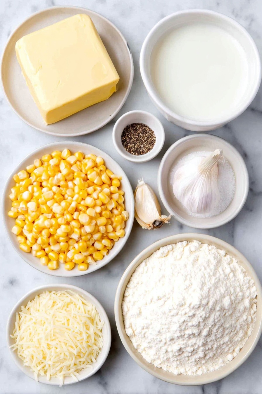 Flat lay of unsalted butter pat, a small mound of all-purpose flour on a white ceramic plate, a small white bowl filled with whole milk, a pile of fresh yellow corn kernels, a whole garlic clove, a small white bowl of sea salt, a small white bowl with freshly ground black pepper, and a small white bowl heaped with freshly grated Parmesan cheese, all arranged in perfect symmetry on simple white ceramic dishes placed on a clean white marble surface, soft natural light, photo taken with an iPhone, professional food photography style, fresh ingredients, white ceramic bowls, no bottles, no duplicates, no utensils, no packaging --ar 2:3 --v 7 --p m7354615311229779997 - Creamed Corn with Parmesan, Creamed Corn with Parmesan recipe, cheesy creamed corn side dish, easy creamed corn with Parmesan, savory creamed corn recipe