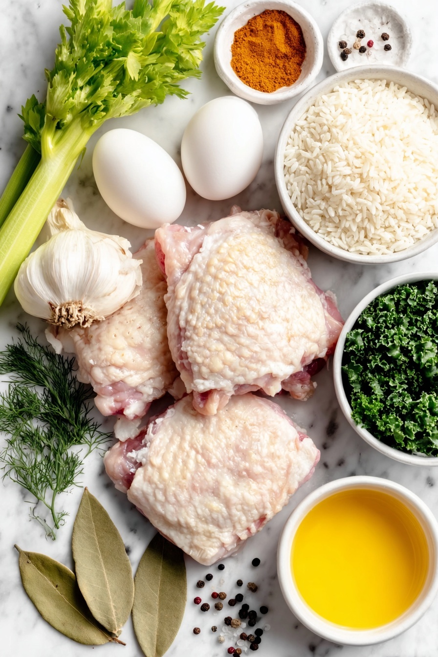 Flat lay of skinless bone-in chicken thighs with natural skin texture, a halved small white onion showing crisp layers, two large cloves of garlic with papery skin, one fresh celery stalk with leaves attached, one medium vibrant orange carrot, small white ceramic bowls holding ground cinnamon and ground turmeric powders, two fresh green bay leaves, a simple white ceramic bowl with short-grain white rice, a loose pile of shredded fresh kale leaves without stems, three extra large whole uncracked eggs with smooth shells, a small white bowl filled with bright yellow lemon juice, a small white bowl containing finely grated unwaxed lemon zest, a small white bowl filled with chopped fresh dill, a small white bowl holding golden extra virgin olive oil, scattered black peppercorns and coarse salt crystals visible on the white marble surface, all ingredients perfectly arranged with balanced layout and symmetry, natural soft lighting highlighting freshness and texture, no utensils or packaging visible, placed on a clean white marble surface, soft natural light, photo taken with an iPhone, professional food photography style, fresh ingredients, white ceramic bowls, no bottles, no duplicates, no utensils, no packaging --ar 2:3 --v 7 --p m7354615311229779997 - Lemon Chicken Soup with Rice and Kale, healthy lemon chicken soup, nourishing chicken and kale soup, easy lemon chicken broth, hearty rice and kale soup