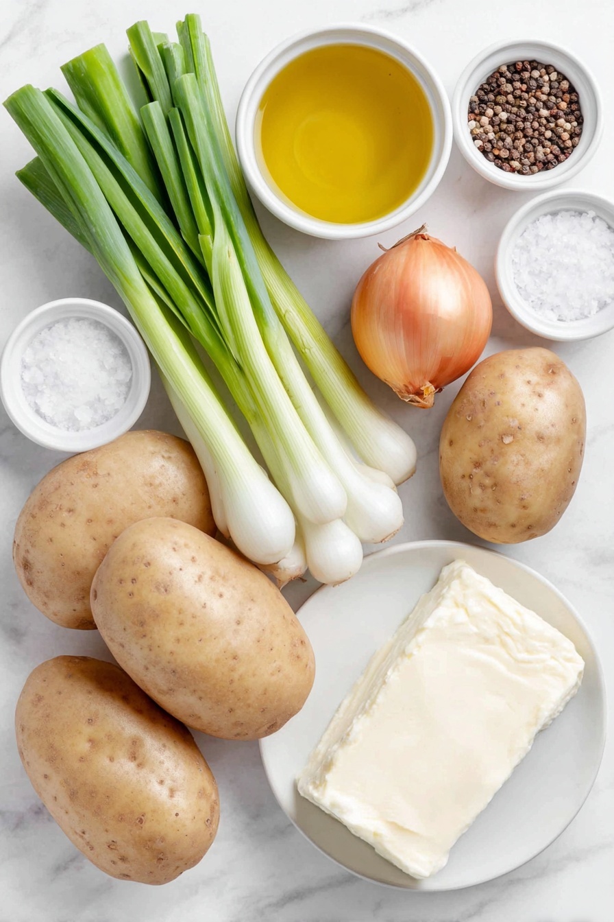 Flat lay of fresh whole white potatoes with natural earthy skin, a few bright green leek stalks with white bases sliced neatly, a medium yellow onion with smooth skin, an uncut block of creamy white cream cheese, a small white ceramic bowl filled with golden olive oil, a small white ceramic bowl containing coarse sea salt, another small white ceramic bowl with cracked black peppercorns, and a white ceramic bowl of clear vegetable broth, all arranged symmetrically on a clean white marble surface, soft natural light, photo taken with an iPhone, professional food photography style, fresh ingredients, white ceramic bowls, no bottles, no duplicates, no utensils, no packaging --ar 2:3 --v 7 --p m7354615311229779997 - Creamy Potato Soup, Potato Soup Recipe, Comfort Food Recipes, Easy Potato Soup, Homemade Soup Ideas