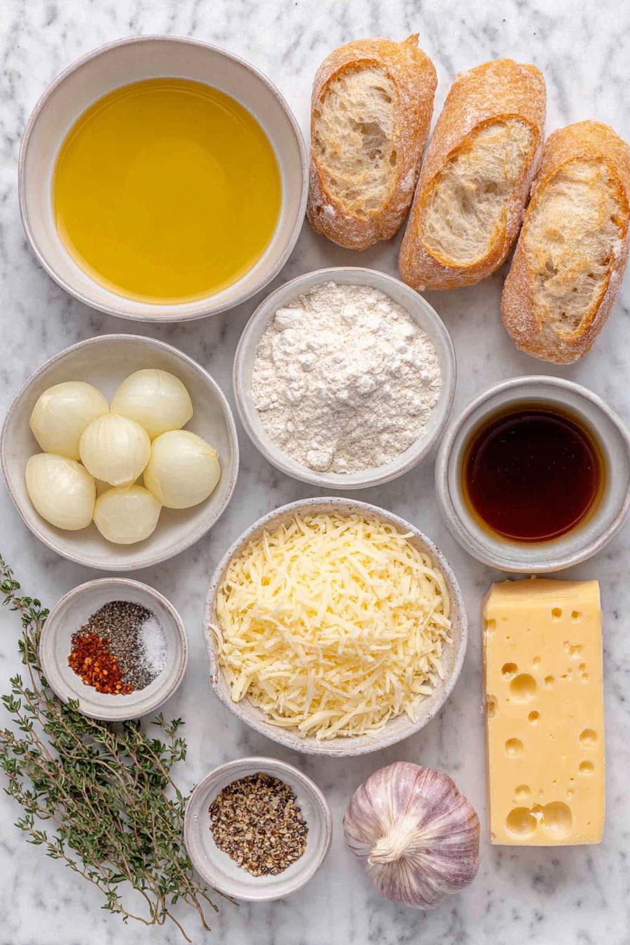 Flat lay of a small white ceramic bowl of extra-virgin olive oil, three medium yellow onions halved and thinly sliced, a few sprigs of fresh thyme leaves, three whole garlic cloves unpeeled, a small white bowl with white all-purpose flour, a small white bowl of dry white wine, a small white bowl of vegetable broth, a small white bowl of balsamic vinegar, a small white bowl of tamari, a few pinches of sea salt in a small white bowl, a few cracks of freshly ground black pepper in a small white bowl, several slices of fresh baguette, a small pile of grated Gruyère, aged cheddar, and Parmesan cheese mixed together, and a pinch of red pepper flakes in a small white bowl—all ingredients fresh and natural, arranged symmetrically on a clean white marble surface, soft natural light, photo taken with an iPhone, professional food photography style, fresh ingredients, white ceramic bowls, no bottles, no duplicates, no utensils, no packaging --ar 2:3 --v 7 --p m7354615311229779997 - French Onion Soup with Baguette Topping, caramelized onion soup, cheesy baguette toast, comfort food recipes, easy French onion soup