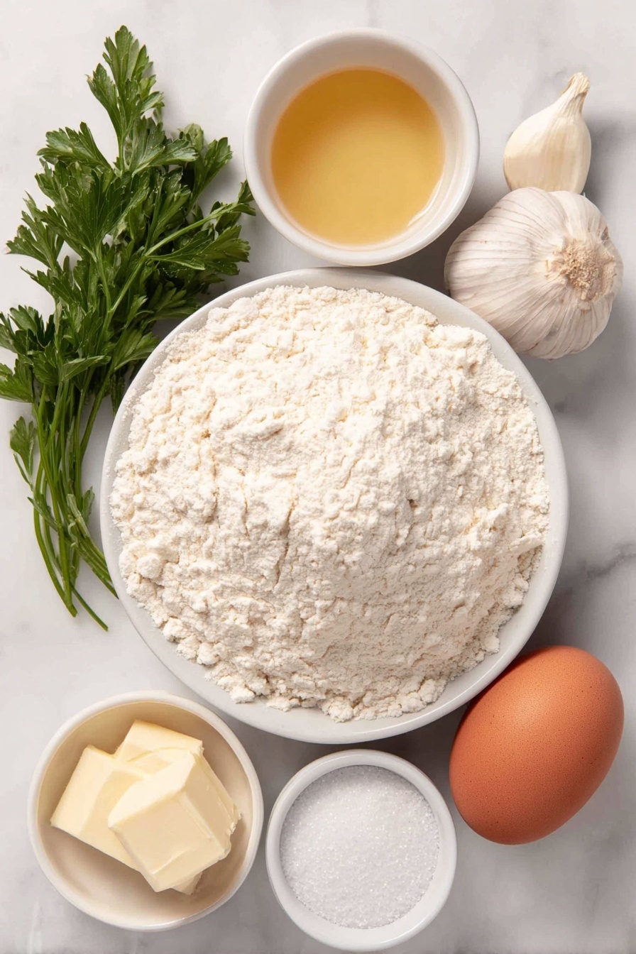 Flat lay of a mound of fine white bread flour, a small white bowl of warm milk, a small white bowl with a mix of golden vegetable oil, a whole large brown egg with a smooth uncracked shell, a small white bowl of golden melted butter, a whole garlic clove with papery white skin, a few vibrant green sprigs of fresh parsley, a small white bowl containing sparkling granulated sugar, a small white bowl with fine white salt crystals, and a small white bowl holding active dry yeast granules, all arranged in perfect symmetry on a clean white marble surface, soft natural light, photo taken with an iPhone, professional food photography style, fresh ingredients, white ceramic bowls, no bottles, no duplicates, no utensils, no packaging --ar 2:3 --v 7 --p m7354615311229779997 - Garlic Butter Dinner Rolls, fluffy dinner rolls with garlic butter, homemade garlic bread rolls, soft bread rolls recipe, easy garlic dinner rolls