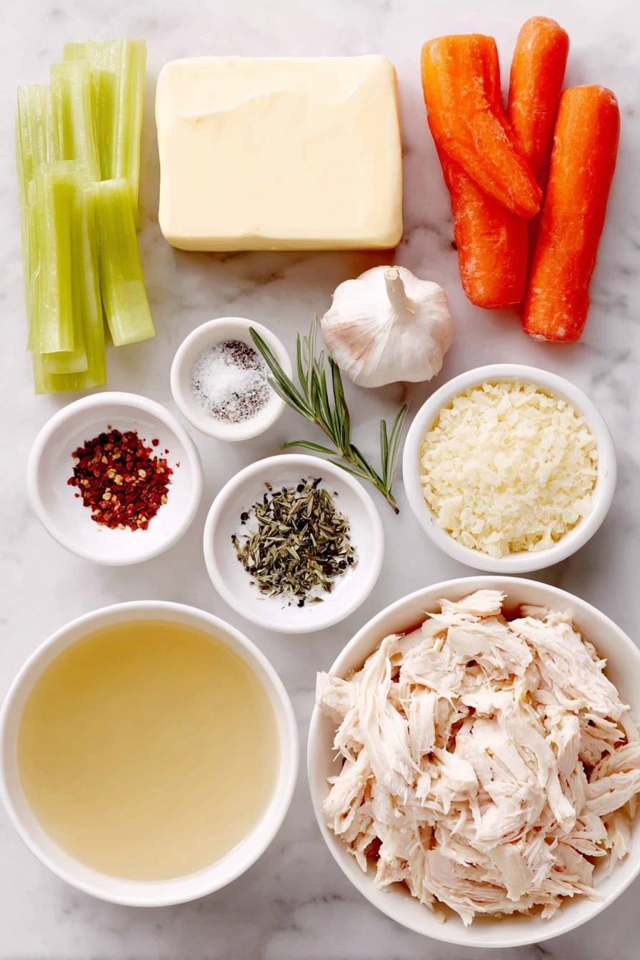 Flat lay of a small slab of butter, two fresh celery ribs diced, three large peeled carrots diced, one whole garlic bulb with one clove minced next to it, a small white bowl filled with clear chicken stock, a small white bowl containing coarse salt, a small white bowl with freshly ground black pepper, a small white bowl with dried rosemary, a small white bowl with dried thyme, a small white bowl with crushed red pepper flakes, a simple portion of uncooked farfalle pasta, shredded pieces of rotisserie chicken arranged neatly, and a small white bowl with chicken bouillon granules, all placed on a clean white marble surface, soft natural light, photo taken with an iPhone, professional food photography style, fresh ingredients, white ceramic bowls, no bottles, no duplicates, no utensils, no packaging --ar 2:3 --v 7 --p m7354615311229779997 - Easy Chicken Noodle Soup, Chicken Noodle Soup recipe, comforting chicken soup, quick homemade chicken noodle, hearty chicken soup