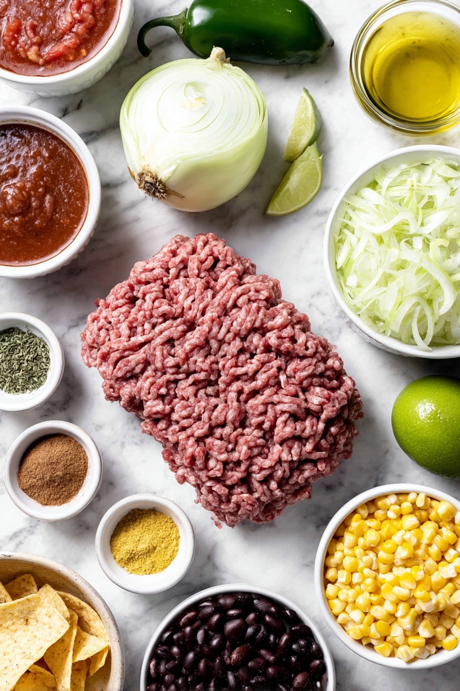 Flat lay of fresh lean ground beef, a medium yellow onion sliced in half showing its layers, two whole uncracked brown garlic cloves, one whole jalapeño pepper, a small white ceramic bowl filled with diced tomatoes with green chiles, a small white ceramic bowl of deep red tomato sauce, a small white ceramic bowl with rich brown beef broth, a small white ceramic bowl holding golden olive oil, a small white ceramic bowl with vibrant yellow chili powder, a small white ceramic bowl of warm brown ground cumin, a small white ceramic bowl with reddish ground paprika, a small white ceramic bowl filled with dried oregano leaves, a small white ceramic bowl of mixed green chopped cilantro leaves, a small white ceramic bowl with fresh bright green lime wedges, a small white ceramic bowl containing bright yellow frozen corn kernels, a small white ceramic bowl of shiny black beans, a small white ceramic bowl of reddish-brown pinto beans, fresh shredded Mexican blend cheese in a neat pile, finely chopped green onion rings, diced creamy green avocado cubes, and a small pile of golden corn tortilla strips — all placed on a clean white marble surface, soft natural light, photo taken with an iPhone, professional food photography style, fresh ingredients, white ceramic bowls, no bottles, no duplicates, no utensils, no packaging --ar 2:3 --v 7 --p m7354615311229779997 - Hearty Taco Soup, quick taco soup recipe, easy taco soup, comforting taco soup, flavorful taco soup