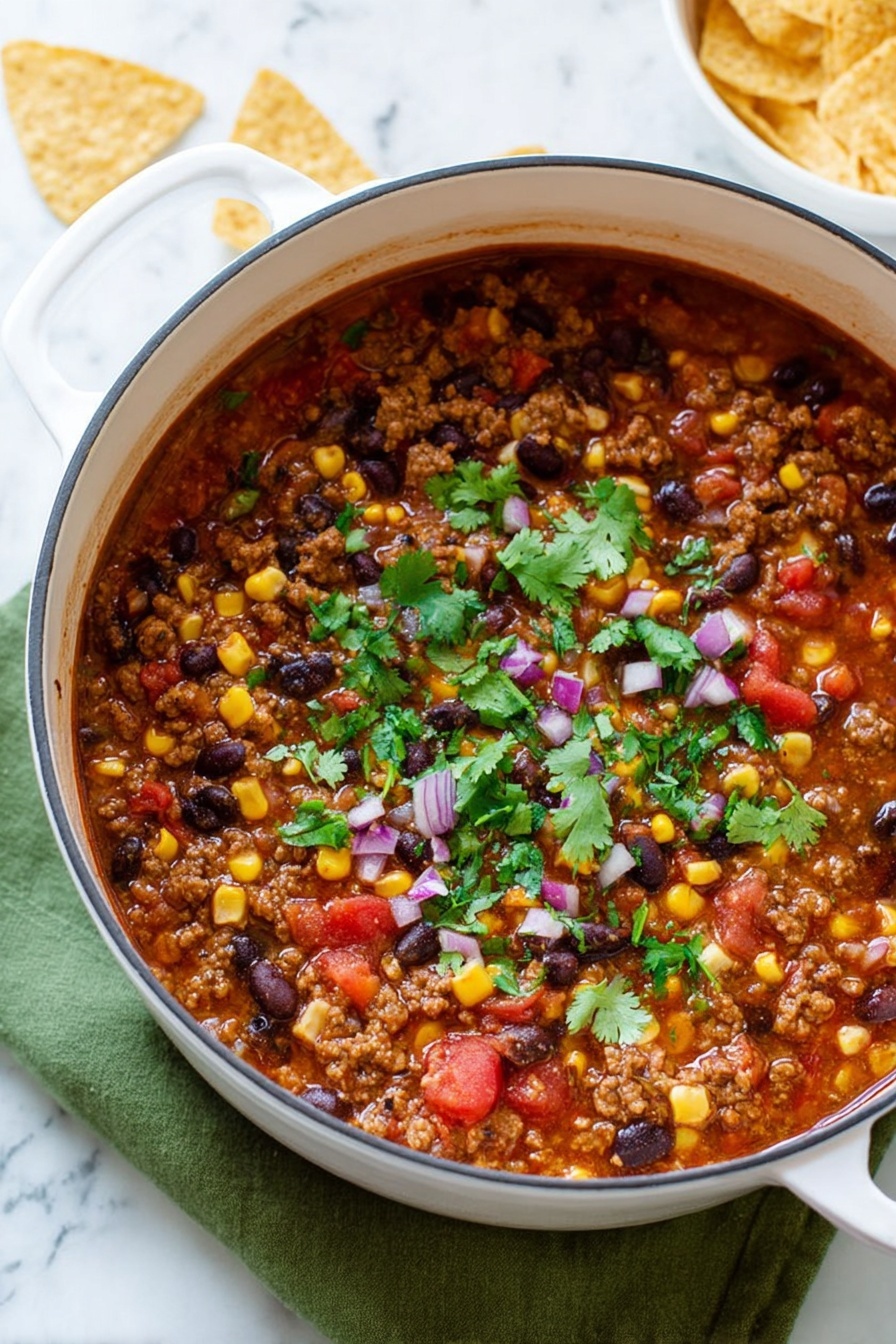 A large white pot filled with chili showing layers of ingredients including brown cooked ground meat, black beans, light brown pinto beans, yellow corn, small red diced tomatoes, and green cilantro leaves evenly spread on top. There are small pieces of purple-red onion scattered across the surface. The pot rests on a green cloth on a white marbled surface, with tortilla chips in the background. Photo taken with an iphone --ar 2:3 --v 7 - Hearty Taco Soup, quick taco soup recipe, easy taco soup, comforting taco soup, flavorful taco soup