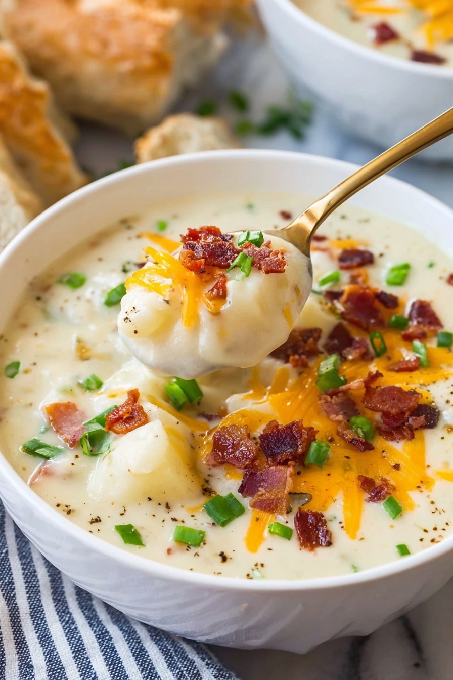 A white bowl filled with creamy, thick potato soup spilling slightly over the edge, showing chunks of soft potatoes covered in smooth white sauce. On top, colorful layers include small crispy bacon pieces in dark red and brown tones, bright orange shredded cheese, and vibrant green chopped scallions. A gold spoon lifts a spoonful of the creamy soup, emphasizing the thick texture and mixed ingredients. The bowl sits on a white marbled surface with a striped cloth below and some bread pieces visible in the corner. Photo taken with an iphone --ar 2:3 --v 7 - Creamy Potato Soup with Bacon, Potato Soup with Bacon, Comforting Potato Soup, Easy Potato Soup Recipe, Bacon Potato Soup