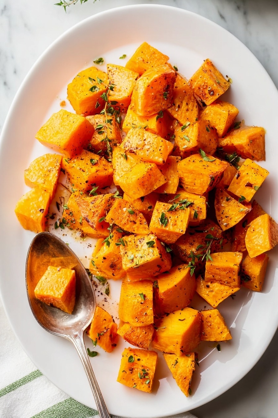 The image shows a white plate filled with orange roasted cubes of sweet potato, some pieces having a slightly darker golden brown crispy surface. The cubes are scattered evenly across the plate, with a silver spoon holding a few pieces in the lower part of the plate. Small green herb flakes are sprinkled on top of the sweet potatoes and some black pepper is also visible. The plate is set on a white marbled surface with a glimpse of a white cloth with green stripes around the edges. photo taken with an iphone --ar 2:3 --v 7 - Roasted Butternut Squash, roasted butternut squash side dish, easy butternut squash recipe, healthy roasted squash, flavorful vegetable side