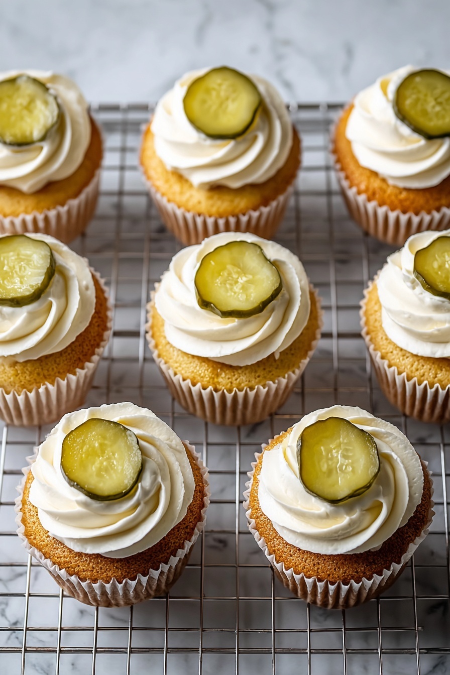 Eight vanilla cupcakes sit on a metal cooling rack over a white marbled surface. Each cupcake has two visible layers: a golden brown base wrapped in white paper liners, topped with a thick swirl of smooth white frosting. On top of the frosting of every cupcake, there is a round green pickle slice with light seeds and a shiny texture, placed in the center. The frosting swirls are neatly piped and evenly spaced on all cupcakes, creating a uniform look. photo taken with an iphone --ar 2:3 --v 7 - Pickle Cake Cupcakes, unique cupcake recipes, savory sweet cupcakes, easy pickle cupcake idea, tangy dessert recipes