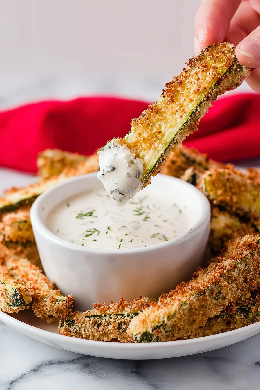 The image shows a woman's hand holding a golden brown, crispy zucchini stick with a crunchy breadcrumb coating, dipped halfway into a creamy white sauce with green herb pieces visible. The sauce fills a white bowl placed on a white plate, along with more breaded zucchini sticks stacked around it. The background is a clean, white marbled surface with a blurred red cloth in the back. The textures highlight the contrast between the crispy coating and smooth sauce. photo taken with an iphone --ar 2:3 --v 7 - Crispy Dill Pickle Fries, crunchy pickle fry recipe, easy baked pickle fries, healthy snack with pickles, flavorful pickle appetizer