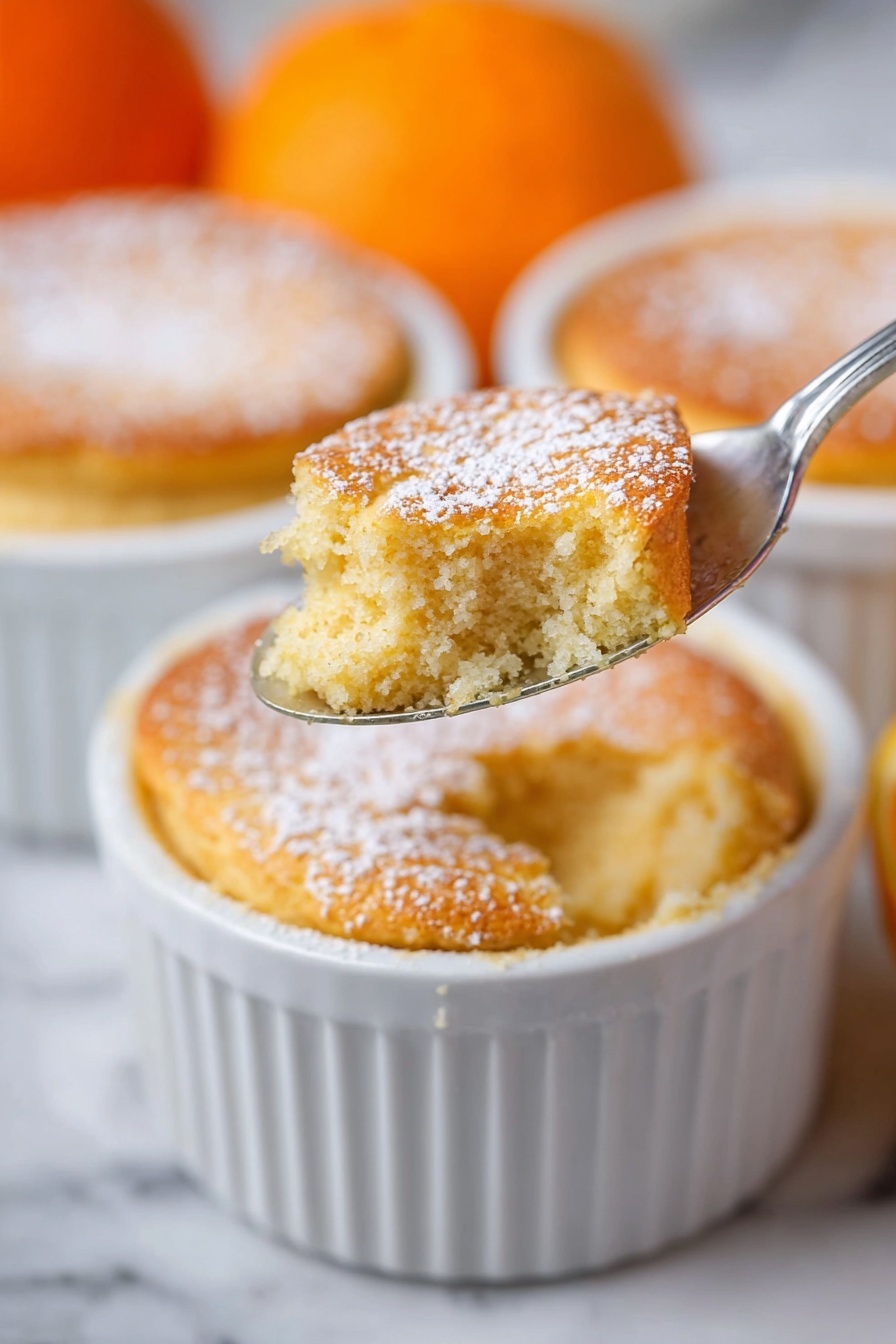 A white ramekin holds a small, round baked dish with a light golden-brown top sprinkled lightly with powdered sugar. A spoon lifts one scoop of the soft, fluffy, spongy interior, showing a slightly moist and textured inside with a warm tan color. In the blurry background, there are two more white ramekins with similar baked dishes and an orange fruit partially visible. The whole scene is set on a white marbled surface. Photo taken with an iphone --ar 2:3 --v 7 - Pumpkin Souffle, pumpkin dessert, airy pumpkin souffle, autumn pumpkin recipes, elegant fall desserts