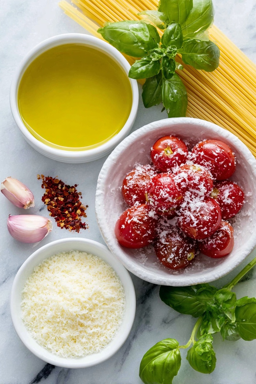 Flat lay of a small white ceramic bowl filled with extra virgin olive oil, a whole peeled garlic clove, a pinch of dried red pepper flakes on the side, a simple white ceramic plate holding a cluster of glossy whole peeled San Marzano tomatoes with their juice, a scattering of kosher salt crystals, a fresh green basil branch with a few loose leaves beside it, a neat bundle of uncooked spaghetti pasta, and a small white ceramic bowl with freshly grated Parmesan cheese, all placed on a clean white marble surface, soft natural light, photo taken with an iPhone, professional food photography style, fresh ingredients, white ceramic bowls, no bottles, no duplicates, no utensils, no packaging --ar 2:3 --v 7 --p m7354615311229779997 - Simple Pasta Pomodoro with Fresh Basil, easy Italian pasta recipe, quick tomato basil pasta, authentic pasta pomodoro, fresh basil pasta dish