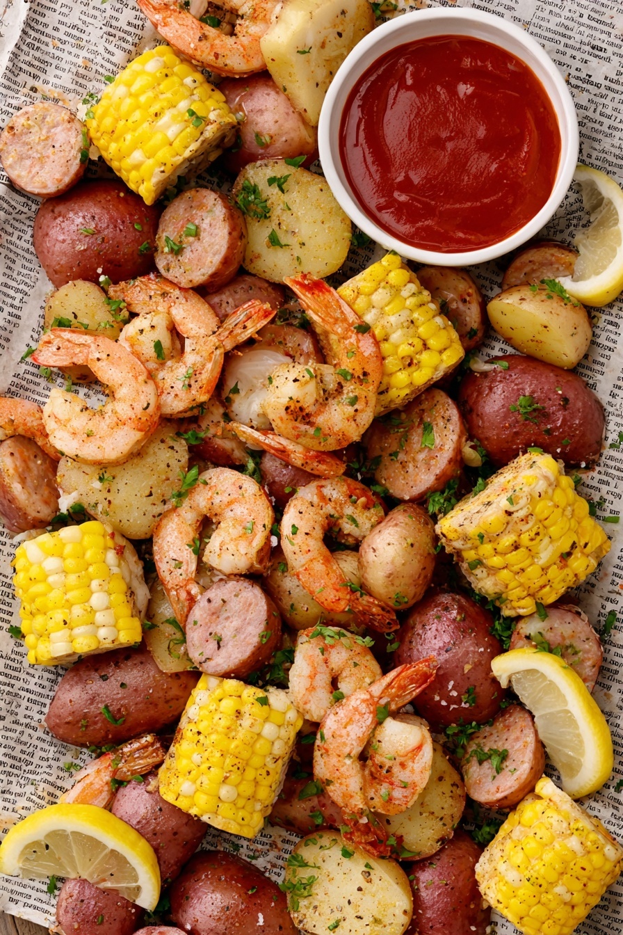 The image shows a mixed seafood boil spread out over a layer of newspaper. The dish includes several large pink shrimp with visible tails and light seasoning scattered on them. There are multiple chunks of bright yellow corn on the cob, halved into small sections, positioned evenly throughout the seafood. Red potatoes, both whole and sliced, add a round and smooth texture, with some pieces garnished with chopped green herbs. Sliced sausage rounds with a slightly browned surface are scattered among the other ingredients. Bright yellow lemon wedges are placed on top and around the mix, adding a fresh pop of color. A small white bowl filled with thick red sauce is positioned near the top center, completing this rustic, colorful seafood spread. Photo taken with an iphone --ar 2:3 --v 7 - Ultimate Low Country Shrimp Boil, Low Country Shrimp Boil, Southern Shrimp Boil, Seafood Boil Recipe, Cajun Shrimp Boil