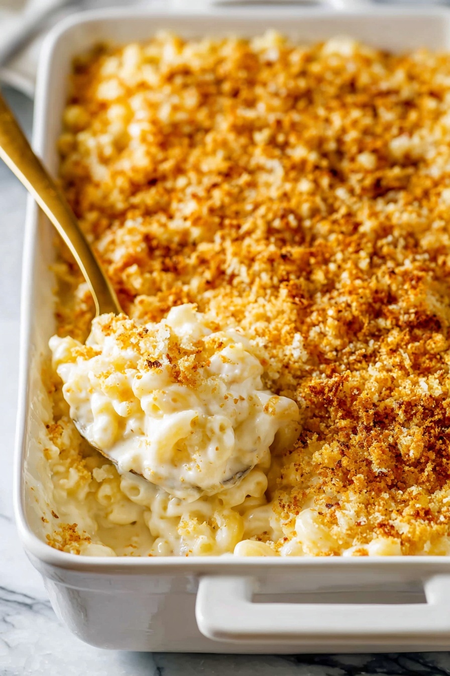 A close-up view of a white rectangular casserole dish filled with mac and cheese, showing three layers: a creamy white cheesy pasta base, a middle layer of soft macaroni mixed with cheese sauce, and a thick golden brown crispy crumb topping covering the whole surface. A gold spoon scoops out a portion, revealing the melty cheesy pasta underneath the crunchy top. The dish sits on a white marbled surface. photo taken with an iphone --ar 2:3 --v 7 - Truffle Mac and Cheese, gourmet mac and cheese, easy truffle pasta, creamy mac and cheese with truffle oil, luxury comfort food