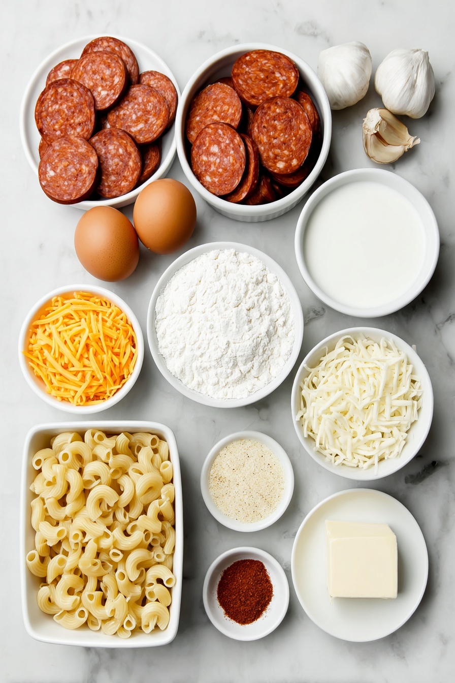 Flat lay of fresh sliced chorizo rounds, two whole uncracked brown eggs, two peeled garlic cloves chopped, a small white ceramic bowl with plain flour, a small white ceramic bowl filled with milk, a small white ceramic bowl of finely grated extra mature cheddar, a small white ceramic bowl of shredded block mozzarella, a small white ceramic bowl containing smoked paprika powder, a small white ceramic bowl with cayenne pepper powder, a small white ceramic bowl with Dijon mustard, uncooked macaroni pasta laid neatly, a small white ceramic bowl of panko breadcrumbs, a small white ceramic bowl with grated Parmesan cheese, a small chunk of butter on a white ceramic dish, arranged in perfect symmetry and balanced proportions, all fresh and natural, placed on a clean white marble surface, soft natural light, photo taken with an iPhone, professional food photography style, fresh ingredients, white ceramic bowls, no bottles, no duplicates, no utensils, no packaging --ar 2:3 --v 7 --p m7354615311229779997 - Chorizo Mac and Cheese Bake, spicy cheesy pasta, smoky chorizo casserole, easy ham and cheese bake, hearty comfort food