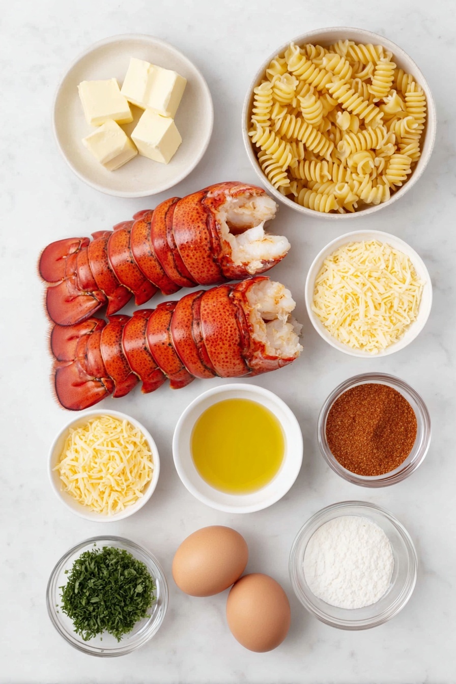 Flat lay of five fresh lobster tails with bright red shells, a small white ceramic bowl of unsalted butter chunks, a small white ceramic bowl of vibrant cajun seasoning powder, a neat pile of uncooked cavatappi pasta twists, a small white ceramic bowl holding shredded mild cheddar cheese, a small white ceramic bowl holding shredded monterey jack cheese, a small white ceramic bowl holding shredded gruyere cheese, a small white ceramic bowl holding shredded parmesan cheese, a small white ceramic bowl with golden olive oil, a small white ceramic bowl with minced fresh garlic, a small white ceramic bowl of all purpose flour, a small white ceramic bowl of thick heavy cream, a small white ceramic bowl of whole milk, a small white ceramic bowl containing onion powder, a small white ceramic bowl containing garlic powder, a small white ceramic bowl with dry mustard powder, a small white ceramic bowl with smoked paprika, a small white ceramic bowl with cayenne powder, two whole clean uncracked brown eggs, a small white ceramic bowl filled with golden panko breadcrumbs, and a few sprigs of fresh chopped parsley all arranged with perfect symmetry, placed on a clean white marble surface, soft natural light, photo taken with an iPhone, professional food photography style, fresh ingredients, white ceramic bowls, no bottles, no duplicates, no utensils, no packaging --ar 2:3 --v 7 --p m7354615311229779997 - Lobster Mac and Cheese, gourmet mac and cheese with lobster, cheesy lobster pasta, luxurious seafood mac and cheese, easy lobster mac and cheese recipe
