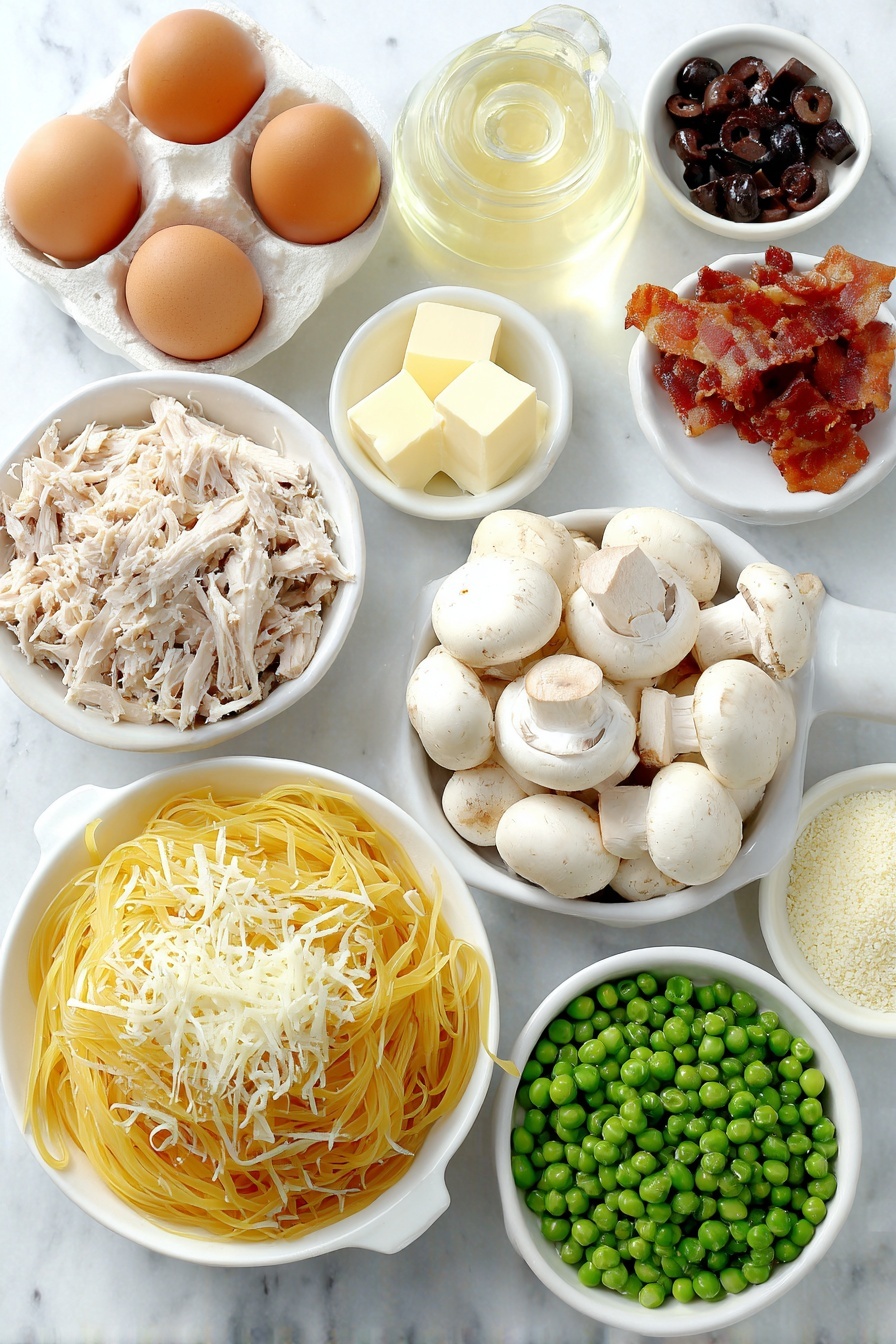 Flat lay of thin spaghetti broken in half, a few small cubes of cream cheese on a simple white ceramic plate, whole uncracked brown eggs, quartered white mushrooms in a white ceramic bowl, a small white bowl of green peas, cooked shredded turkey pieces on a white plate, finely chopped black olives in a white bowl, sliced raw garlic cloves, small white bowl of butter cubes, small white bowl of grated Monterey Jack cheese, another small white bowl of grated Parmesan cheese, small white bowl of panko breadcrumbs, a few sprigs of black peppercorns scattered neatly, crispy fried bacon bits on a white dish, small white bowl of white wine, all arranged symmetrically and naturally placed on a clean white marble surface, soft natural light, photo taken with an iPhone, professional food photography style, fresh ingredients, white ceramic bowls, no bottles, no duplicates, no utensils, no packaging --ar 2:3 --v 7 --p m7354615311229779997 - Turkey Mushroom Pasta Bake, easy comfort pasta bake, hearty turkey pasta dish, cheesy mushroom pasta casserole, quick baked pasta with turkey