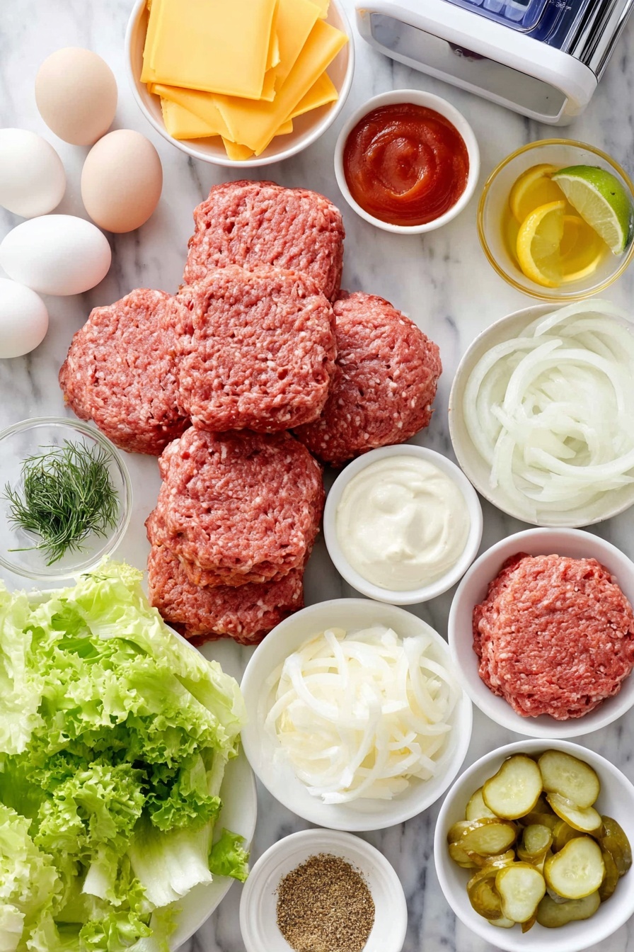 Flat lay of fresh 80/20 ground beef formed into raw patties, a few sprigs of dried dill, a small white bowl of creamy mayonnaise, a small white bowl of bright red ketchup, a small white bowl of golden Worcestershire sauce, a small white bowl with light green pickle juice, a few bright lemon or lime wedges with fresh lime juice, a small white bowl of smoked paprika powder, a small white bowl of cayenne pepper, a small white bowl of garlic powder granules, a small white bowl of yellow mustard powder, six whole uncracked brown eggs, six thick slices of sharp cheddar cheese, six soft golden brioche hamburger buns, fresh vibrant green romaine lettuce leaves torn into pieces, one ripe tomato sliced, a few crisp pale green pickle slices, a small heap of glossy caramelized onions, clean white ceramic bowls and plates arranged symmetrically and balanced, placed on a clean white marble surface, soft natural light, photo taken with an iPhone, professional food photography style, fresh ingredients, white ceramic bowls, no bottles, no duplicates, no utensils, no packaging --ar 2:3 --v 7 --p m7354615311229779997 - Ultimate Cheeseburger with Secret Sauce, cheeseburger recipe, homemade burger with secret sauce, juicy cheeseburger ideas, best cheeseburger tips