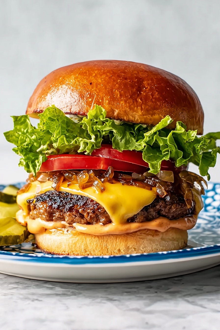 A close-up view of a stacked burger on a white plate with blue patterns, placed on a white marbled surface. The bottom layer is a toasted soft bun spreading light orange sauce. On top is a grilled beef patty with melted yellow cheese that has a slightly shiny texture. Above the cheese are sautéed onions with a caramel brown color and a few darker edges, followed by two bright red tomato slices. Next is a fresh green leafy lettuce layer with ruffled edges, and the top is a shiny golden-brown bun with a smooth texture. A few pickle slices are partially visible on the left side of the plate. photo taken with an iphone --ar 2:3 --v 7 - Ultimate Cheeseburger with Secret Sauce, cheeseburger recipe, homemade burger with secret sauce, juicy cheeseburger ideas, best cheeseburger tips