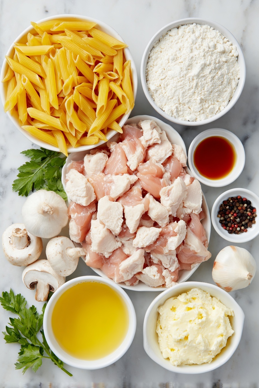 Flat lay of penne pasta uncooked in a small heap, raw chicken breast cut into bite-sized pieces, a small white bowl with white all-purpose flour, a few grains of kosher salt scattered nearby, cracked black peppercorns in a small pile, a whole shallot with smooth purple skin, fresh white mushrooms sliced, three whole garlic cloves unpeeled, a small white bowl filled with deep amber Marsala wine, another small white bowl with light golden chicken broth, a small white bowl containing creamy skim milk, a dollop of reduced-fat cream cheese on a white ceramic dish, and a few sprigs of fresh green parsley arranged symmetrically placed on a clean white marble surface, soft natural light, photo taken with an iPhone, professional food photography style, fresh ingredients, white ceramic bowls, no bottles, no duplicates, no utensils, no packaging --ar 2:3 --v 7 --p m7354615311229779997 - Creamy Chicken Marsala Pasta, Chicken Marsala Pasta, creamy chicken pasta, easy chicken mushroom pasta, quick dinner recipes