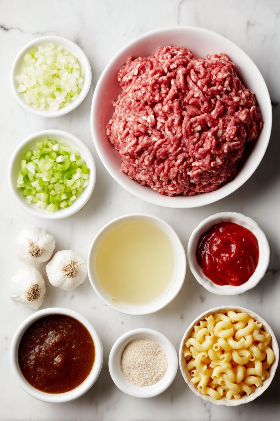 Flat lay of fresh raw ground beef formed into a loose mound, a small white bowl with deep red tomato paste, a small white bowl filled with diced yellow onion, a small white bowl holding diced green bell pepper, a small white bowl containing diced celery stalk, four whole uncracked garlic bulbs cloves arranged neatly, a small white bowl with undrained diced bright red tomatoes, a small white bowl filled with smooth tomato sauce, a small white bowl of rich brown Worcestershire sauce, a small white bowl filled with clear golden chicken broth, a small white bowl holding uncooked elbow macaroni pasta, a small white bowl with pale orange shredded cheddar cheese, small white bowls each containing Italian seasoning, seasoned salt, and garlic powder powders, all ingredients fresh and natural, perfectly balanced and symmetrical arrangement on a simple white ceramic background placed on a clean white marble surface, soft natural light, photo taken with an iPhone, professional food photography style, fresh ingredients, white ceramic bowls, no bottles, no duplicates, no utensils, no packaging --ar 2:3 --v 7 --p m7354615311229779997 - American Chop Suey, American Chop Suey recipe, comforting dinner ideas, easy weeknight meal, hearty pasta dish