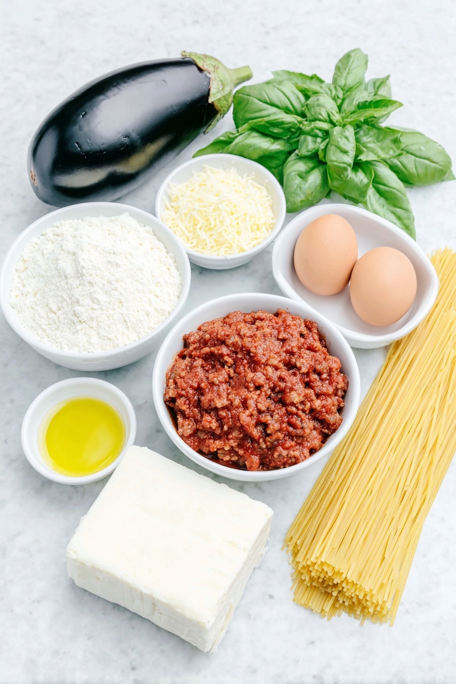 Flat lay of a whole globe eggplant with deep purple glossy skin, a small mound of all-purpose flour in a simple white ceramic bowl, two whole brown eggs with clean shells, a small white bowl filled with golden Japanese panko breadcrumbs, a small white bowl holding neutral light yellow cooking oil, a block of fresh white mozzarella cheese, a neat bundle of uncooked spaghetti pasta strands, a small white bowl of rich red homemade meat sauce, a small white bowl with finely grated Parmigiano-Reggiano cheese, and a few fresh bright green basil sprigs, all placed on a clean white marble surface, soft natural light, photo taken with an iPhone, professional food photography style, fresh ingredients, white ceramic bowls, no bottles, no duplicates, no utensils, no packaging --ar 2:3 --v 7 --p m7354615311229779997 - Eggplant Parmesan Spaghetti with Meat Sauce, Eggplant Parmesan spaghetti, Italian eggplant pasta, veggie pasta with meat sauce, hearty eggplant spaghetti