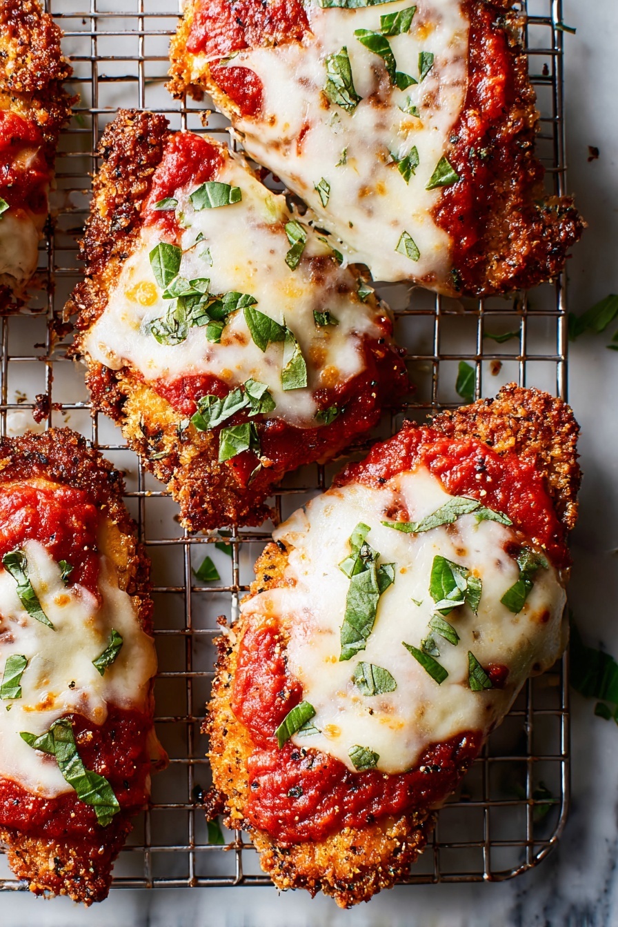 The image shows four pieces of crispy fried chicken topped with a bright red tomato sauce layer and a thick layer of melted white cheese that has slight golden spots from baking. Each piece is garnished with fresh green chopped herbs scattered on top. The chicken pieces sit on a silver wire rack, and beneath it is a white marbled surface. The texture of the chicken is crunchy and golden brown around the edges, while the cheese is smooth and creamy with a slightly bubbly appearance. photo taken with an iphone --ar 2:3 --v 7 - Easy Chicken Parmesan with Marinara, Chicken Parmesan, easy Italian chicken dinner, crispy chicken Parmesan, homemade chicken Parmesan