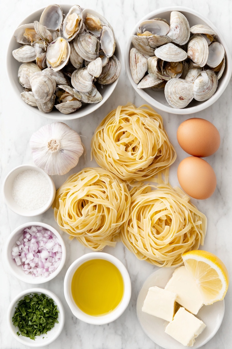 Flat lay of fresh linguine pasta nests, a pile of scrubbed Littleneck clams with shells closed, two whole uncracked brown eggs, a small mound of finely chopped pale purple shallots, several cloves of fresh garlic, a small white ceramic bowl of golden extra-virgin olive oil, a small white ceramic bowl of dry white wine, a small white ceramic bowl of red pepper flakes, a small white ceramic bowl of unsalted butter cubes, a small white ceramic bowl of finely chopped bright green flat-leaf parsley, a whole bright yellow lemon with fresh zest shavings and a small white ceramic bowl containing freshly squeezed lemon juice, kosher salt crystals scattered naturally, all arranged symmetrically and balanced on a clean white marble surface, soft natural light, photo taken with an iPhone, professional food photography style, fresh ingredients, white ceramic bowls, no bottles, no duplicates, no utensils, no packaging --ar 2:3 --v 7 --p m7354615311229779997 - Linguine with Clams and Lemon, clam linguine recipe, lemon pasta with clams, seafood pasta recipes, easy clam linguine