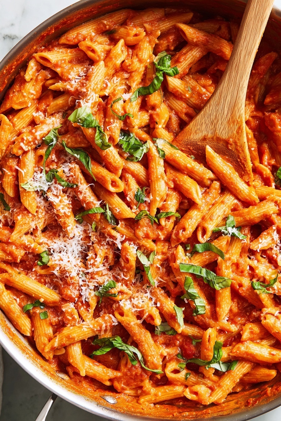A close-up view of cooked penne pasta covered in a thick, bright red-orange tomato sauce, mixed well in a large pan. The penne pieces have a slightly glossy texture showing they are coated nicely with the sauce. Fresh green basil leaves are scattered on top in small torn pieces, adding a fresh pop of color. Grated white cheese is sprinkled evenly over the pasta, creating small soft white patches above the sauce. A wooden spoon rests inside the pan, partially covered by the pasta, ready to serve. The whole scene sits on a white marbled surface providing a clean, bright background photo taken with an iphone --ar 2:3 --v 7 - Penne Alla Vodka, Penne Alla Vodka recipe, creamy vodka pasta, Italian pasta dish, easy Penne Alla Vodka