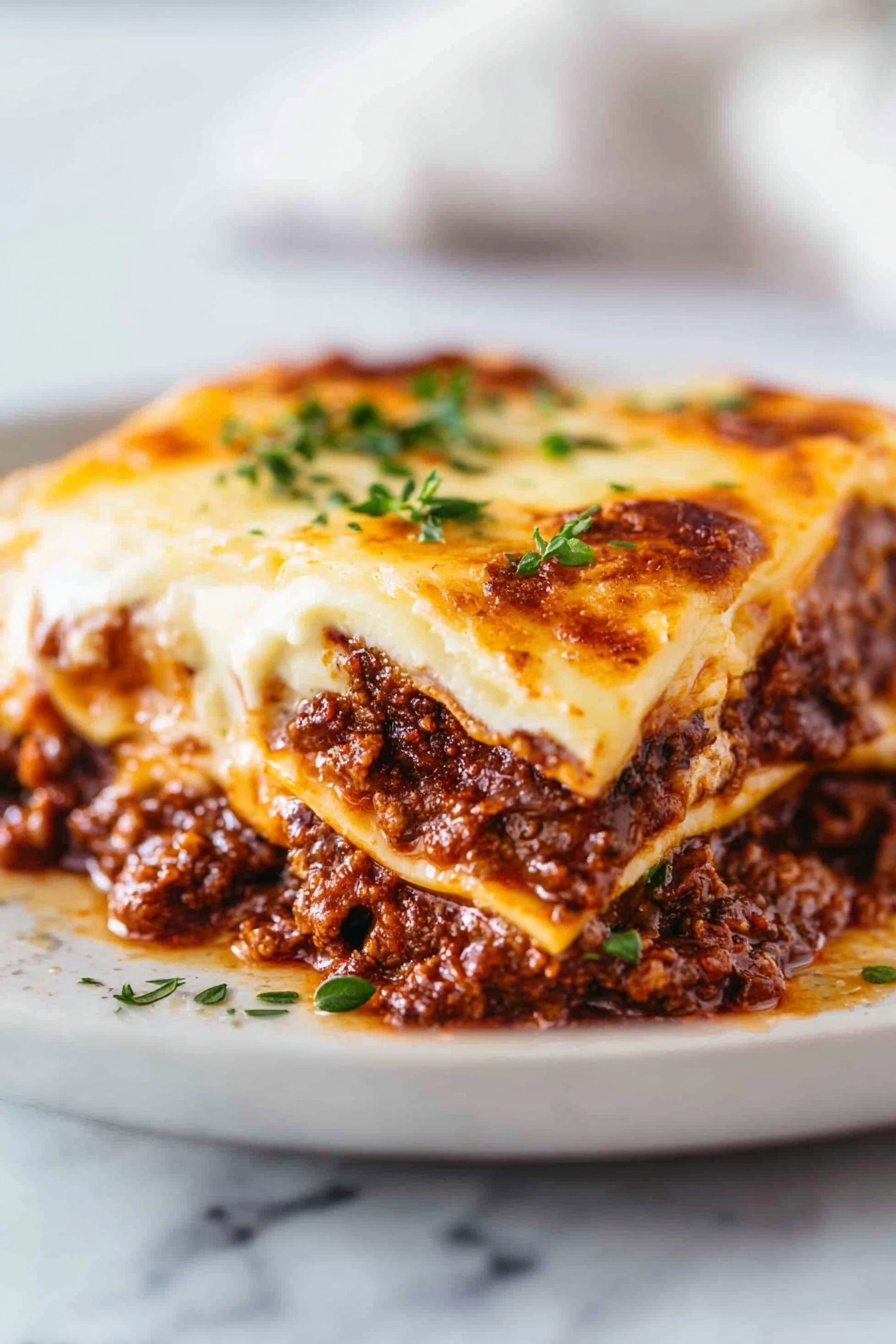 A white rectangular dish filled with a baked lasagna showing a top layer of golden-brown melted cheese with darker toasted spots and fresh green basil strips scattered on top. The dish is placed on a white marbled surface, with a white and blue checkered cloth partially visible at the top right corner. The cheese layer looks bubbly and slightly crispy in some areas. Photo taken with an iphone --ar 2:3 --v 7 - Easy Beef Lasagna with Cheese Sauce, homemade beef lasagna, cheesy lasagna recipe, comfort food lasagna, classic beef lasagna