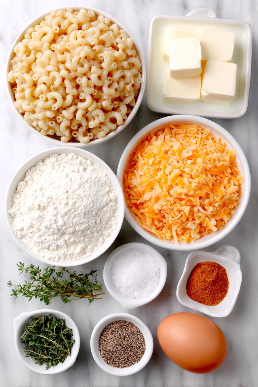 Flat lay of dried elbow macaroni in a neat mound, a single whole brown egg with clean shell, a small white ceramic bowl of salted butter cubes, a small white ceramic bowl filled with pale all-purpose flour, a small white ceramic bowl holding creamy whole milk, a small white ceramic bowl containing bright yellow dry mustard powder, a simple pile of grated mixed cheeses including cheddar, jack, and fontina with orange, white, and pale yellow hues, and small white ceramic bowls each with kosher salt crystals, seasoned salt, ground black pepper, and a blend of cayenne pepper, paprika, and fresh thyme sprigs arranged symmetrically, placed on a clean white marble surface, soft natural light, photo taken with an iPhone, professional food photography style, fresh ingredients, white ceramic bowls, no bottles, no duplicates, no utensils, no packaging --ar 2:3 --v 7 --p m7354615311229779997 - Creamy Baked Macaroni and Cheese, cheesy baked pasta, comfort food recipes, easy baked mac and cheese, ultimate macaroni cheese