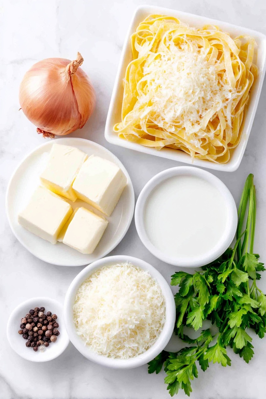 Flat lay of a small nest of dried fettuccine pasta, a few pats of golden unsalted butter on a simple white ceramic plate, a single small shallot with its purple-tinged skin intact, a small white ceramic bowl filled with smooth heavy cream, a small white ceramic bowl heaped with finely grated Parmigiano Reggiano cheese, a tiny pinch of coarse salt crystals on a white ceramic spoon rest (used just as a surface, not a utensil), several cracks of whole black peppercorns scattered neatly on the surface, and a few sprigs of fresh vibrant green parsley, all arranged in perfect symmetry on a clean white marble surface, soft natural light, photo taken with an iPhone, professional food photography style, fresh ingredients, white ceramic bowls, no bottles, no duplicates, no utensils, no packaging --ar 2:3 --v 7 --p m7354615311229779997 - Creamy Fettuccine Alfredo, homemade Alfredo sauce, easy pasta dinner, creamy pasta recipes, indulgent Italian pasta