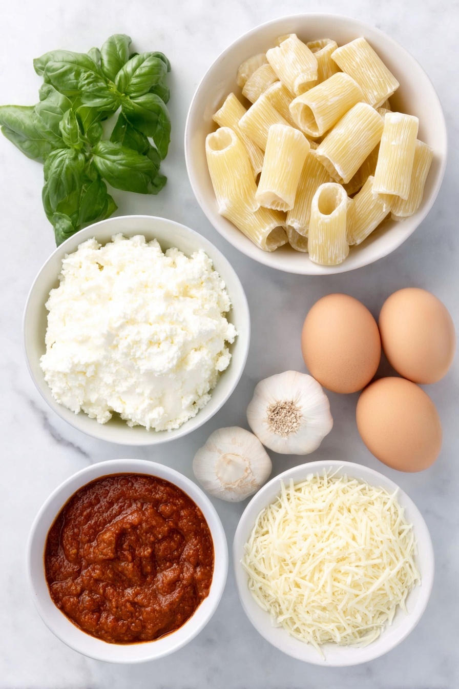 Flat lay of uncooked manicotti pasta shells arranged neatly, a small white bowl of olive oil, a mound of fresh ricotta cheese, four whole garlic bulbs cloves separated but unpeeled, shredded mozzarella cheese in a small white ceramic bowl, grated parmesan cheese in a small white bowl, a small bunch of fresh basil leaves, two large whole brown eggs with clean shells, and a small white bowl filled with bright red marinara sauce, all placed on a clean white marble surface, soft natural light, photo taken with an iPhone, professional food photography style, fresh ingredients, white ceramic bowls, no bottles, no duplicates, no utensils, no packaging --ar 2:3 --v 7 --p m7354615311229779997 - Cheese Manicotti, Italian cheese manicotti, baked cheese manicotti, creamy cheese stuffed pasta, easy cheese manicotti