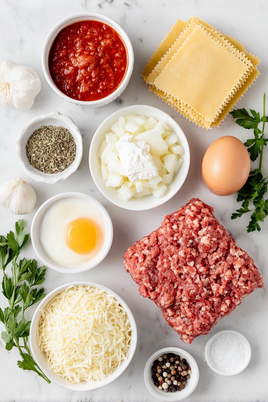 Flat lay of fresh uncooked lasagna noodles arranged in a neat bundle, a small white ceramic bowl filled with bright red marinara sauce, a handful of raw ground beef with a deep red color and marbled texture, a small white bowl of finely diced white onion, three garlic cloves with papery skins intact, a small white bowl containing coarse sea salt crystals, a small white bowl with whole black peppercorns, a small white bowl with dried oregano leaves, a generous scoop of smooth white ricotta cheese on a simple white plate, one whole large brown egg with a clean shell, a small white bowl of finely shredded pale yellow parmesan cheese, a small white bowl filled with shredded white mozzarella cheese, and a few sprigs of fresh green parsley placed with care, all placed on a clean white marble surface, soft natural light, photo taken with an iPhone, professional food photography style, fresh ingredients, white ceramic bowls, no bottles, no duplicates, no utensils, no packaging --ar 2:3 --v 7 --p m7354615311229779997 - Cheesy Beef Lasagna Roll Ups, beef lasagna roll ups, cheesy lasagna roll ups, easy lasagna roll ups, savory beef pasta roll ups