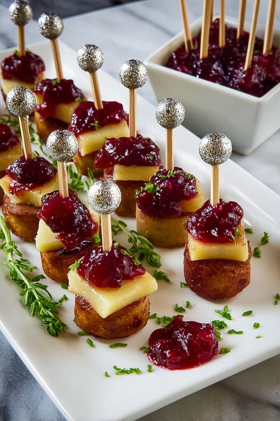 A white rectangular plate on a white marbled surface holds three rows of bite-sized snacks, each made of a bottom round layer of golden brown sausage, topped with a square layer of pale yellow cheese, and finished with a dollop of deep red cranberry sauce. Each snack is secured with a small wooden skewer topped with a shiny silver bead. Some parsley flakes are sprinkled on the plate and snacks for color. To the right, a white square bowl filled with more cranberry sauce sits on the white marbled surface next to several spare skewers. A small dollop of cranberry sauce has spilled on the plate near the bottom right corner. Photo taken with an iphone --ar 2:3 --v 7 - Smoked Sausage Cranberry Bites, party appetizer, holiday snack, easy appetizer recipes, savory cranberry appetizer