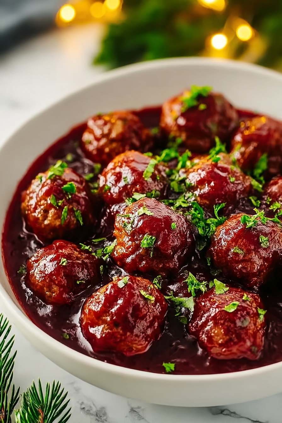 A white bowl filled with about eighteen round meatballs covered in a thick, dark red sauce. The sauce looks shiny and smooth, with some small chunks. The meatballs are arranged in layers, mostly sitting in the sauce, with some partially submerged. Bright green chopped herbs are sprinkled on top, adding contrast to the deep red and brown colors. The bowl sits on a white marbled texture surface with some green pine needles and blurred golden lights in the background, creating a cozy, festive feel. photo taken with an iphone --ar 2:3 --v 7 - Cranberry Meatballs, holiday appetizer ideas, easy party snacks, festive meatball recipes, quick Christmas appetizers