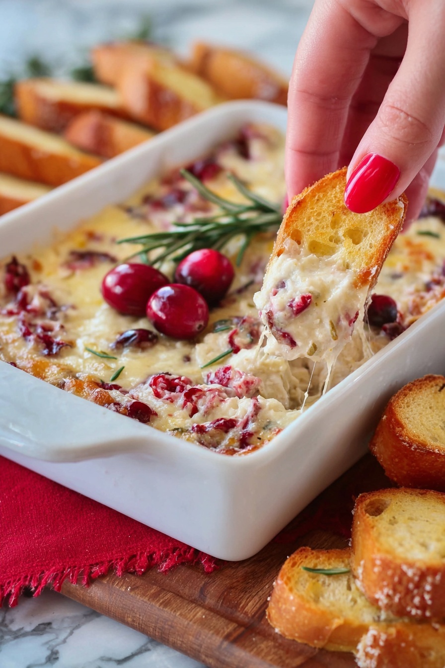 The image shows a white rectangular dish filled with a creamy, melted cheese dip mixed with bright red cranberry pieces, giving it a slightly bumpy texture. On top of the dip, there is a small garnish of green rosemary sprigs and three whole cranberries. A woman's hand with red nail polish is holding a toasted golden-brown baguette slice, scooping up some of the dip. Around the dish, there are several more toasted baguette slices, each golden with a slightly rough texture and sprinkled with coarse salt. The dish is placed on a wooden surface with a red cloth underneath, all set against a white marbled background. Photo taken with an iphone --ar 2:3 --v 7 - Cranberry Cream Cheese Dip, holiday dip recipes, easy cranberry dip, festive appetizer ideas, quick holiday dips