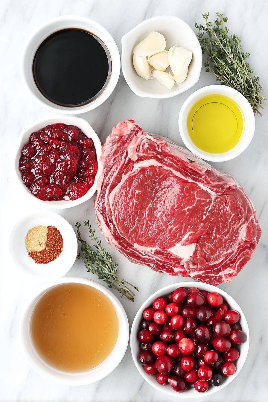 Flat lay of a whole raw ribeye roast with rich marbling, a small white bowl of dark glossy balsamic vinegar, two peeled garlic cloves, a small white bowl filled with bright red cranberry sauce, a small white bowl of golden brown sugar crystals, a small white bowl of vivid red pepper flakes, a small white bowl of coarse salt, a small white bowl of shiny green olive oil, a small white bowl of clear golden vegetable oil, a small white bowl of rich brown beef broth, a small white bowl heaped with fresh, plump red cranberries, and six fresh green sprigs of thyme, all arranged with perfect symmetry on a clean white marble surface, soft natural light, photo taken with an iPhone, professional food photography style, fresh ingredients, white ceramic bowls, no bottles, no duplicates, no utensils, no packaging --ar 2:3 --v 7 --p m7354615311229779997 - Cranberry Balsamic Roast Beef, roast beef with cranberries, balsamic roast beef, holiday roast beef recipe, juicy roast beef with cranberries