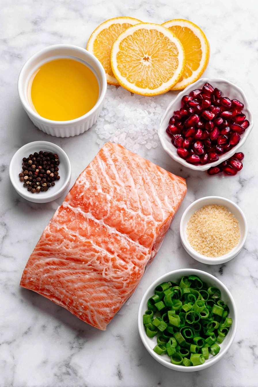 Flat lay of a fresh whole salmon filet with skin side visible, a small mound of coarse kosher salt crystals, a small pile of whole black peppercorns, a small white ceramic bowl filled with deep red pomegranate juice, a small white ceramic bowl with golden brown granulated sugar, a small white ceramic bowl containing bright orange fresh squeezed juice, a small white ceramic bowl holding finely grated orange zest, a scattering of glossy ruby red pomegranate seeds, several thin round slices of fresh orange, a few sprigs of vibrant green parsley, and a small bunch of sliced green onions arranged neatly, all placed on a clean white marble surface, soft natural light, photo taken with an iPhone, professional food photography style, fresh ingredients, white ceramic bowls, no bottles, no duplicates, no utensils, no packaging --ar 2:3 --v 7 --p m7354615311229779997 - Pomegranate Orange Glazed Salmon, citrus salmon glaze, healthy salmon recipes, easy seafood dinner, flavorful salmon dishes
