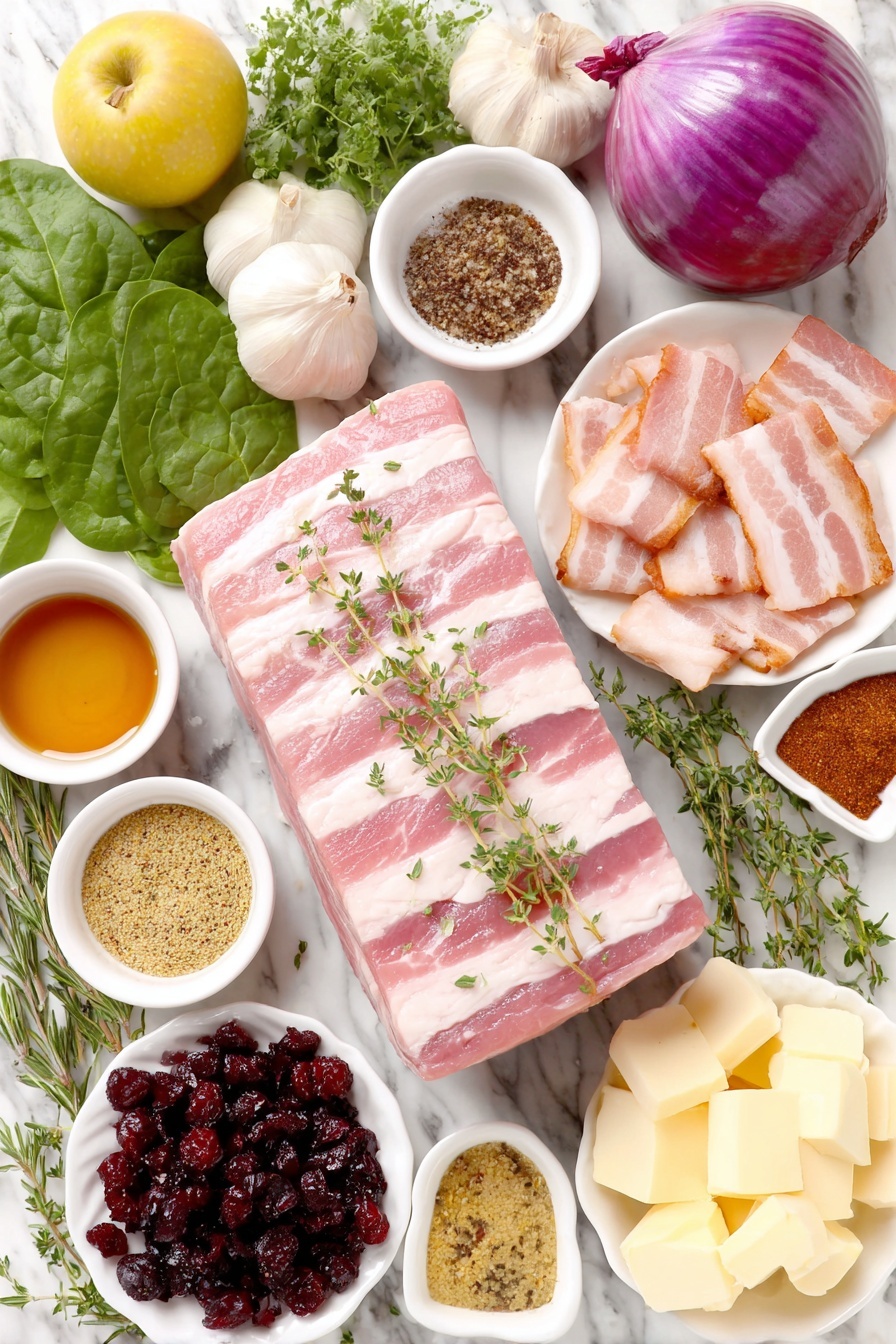 Flat lay of a whole center cut pork loin with pale pink fresh meat and a thin layer of fat, five slices of raw smoked bacon diced into small pieces, a single large shallot with purple and white layers, a bunch of fresh vibrant baby spinach leaves, six peeled garlic cloves, one small peeled and finely diced green apple, a small pile of dried deep red cranberries, a small white bowl of amber maple syrup, a small white bowl of grainy yellow Dijon mustard, sea salt crystals scattered next to a small white bowl of ground black pepper, a small white bowl of smoked paprika powder, fresh thyme sprigs with tiny green leaves, chopped fresh rosemary, two small white bowls with pale yellow butter cubes, two sprigs of fresh rosemary, two sprigs of fresh thyme, ten whole peeled garlic cloves, a small white bowl of golden chicken broth, four medium unpeeled sweet potatoes with orange skin, a small white bowl of clear avocado oil, and a small white bowl of herbs de Provence placed on a clean white marble surface, soft natural light, photo taken with an iPhone, professional food photography style, fresh ingredients, white ceramic bowls, no bottles, no duplicates, no utensils, no packaging --ar 2:3 --v 7 --p m7354615311229779997 - Apple Bacon Stuffed Pork Loin, pork loin stuffed with apples and bacon, savory pork roast with apples, bacon-wrapped pork tenderloin, easy holiday pork recipes