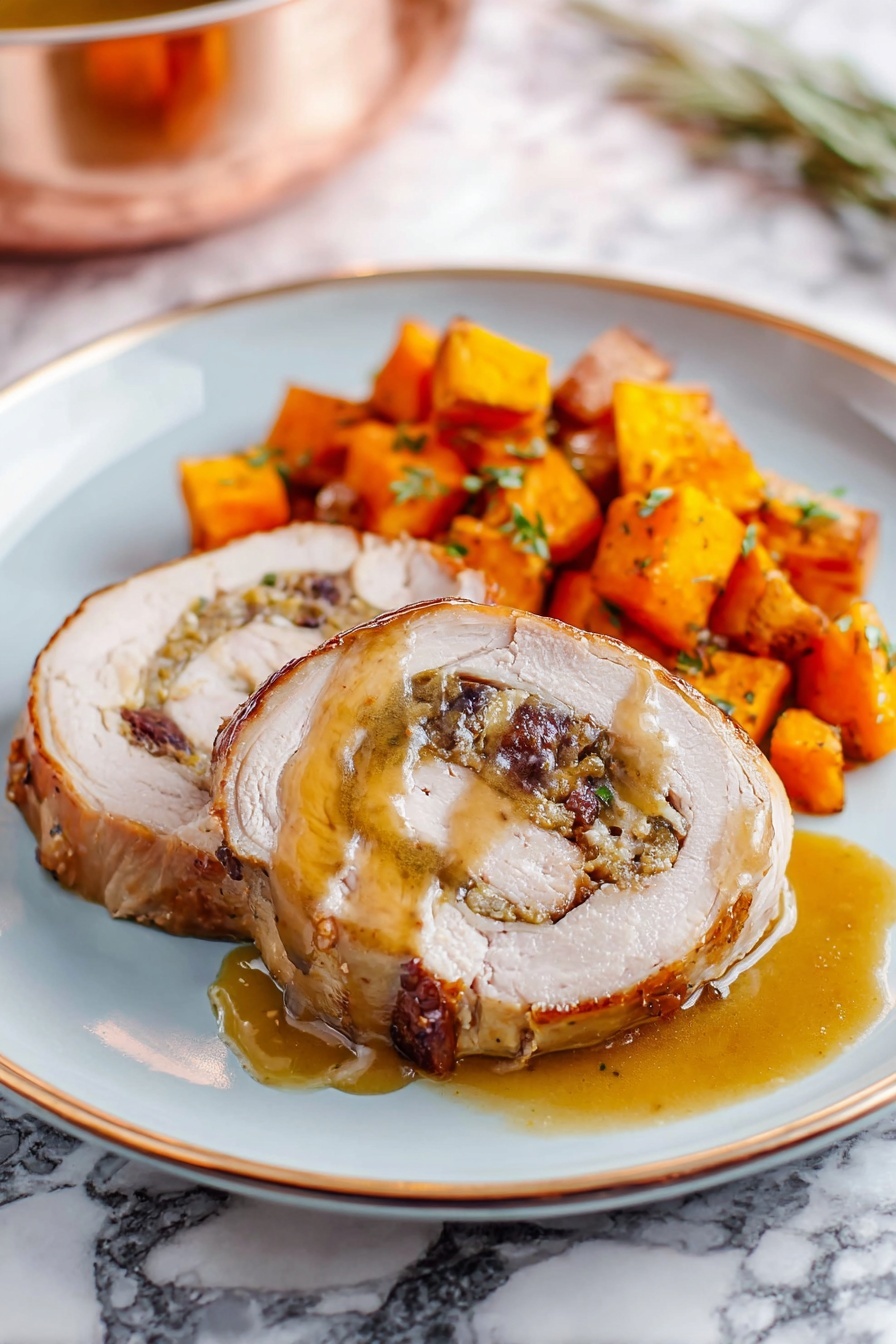 Two slices of rolled meat with a stuffing made of dark and light bits, placed on the left side of a white plate. The meat has a light brown outer layer and is covered with a glossy golden sauce that drips slightly onto the plate. On the right side of the plate are bright orange roasted cubes, sprinkled with small green herb leaves. The plate rests on a surface with a white marbled texture, and in the background, out of focus, is a shiny copper pot. photo taken with an iphone --ar 2:3 --v 7 - Apple Bacon Stuffed Pork Loin, pork loin stuffed with apples and bacon, savory pork roast with apples, bacon-wrapped pork tenderloin, easy holiday pork recipes