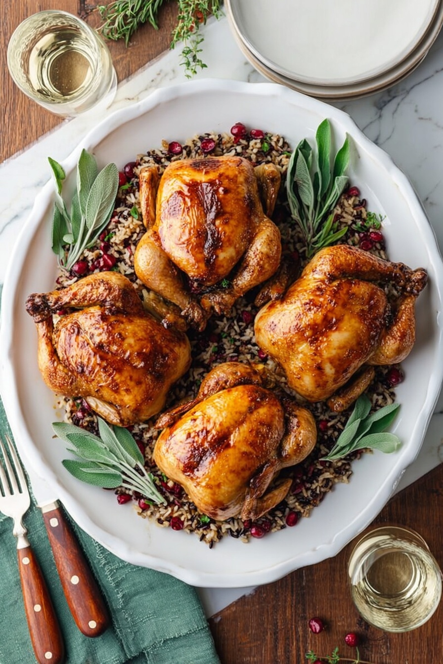 The image shows a white platter with four golden-brown roasted chickens arranged in the center, each with crispy, slightly shiny skin. Underneath the chickens, there is a colorful bed of wild rice mixed with red cranberries and small green herbs. Fresh green sage leaves are scattered around and partly under the chickens, adding contrast to the warm tones. The platter sits on a wooden table next to a fork and spoon with wooden handles, a folded green cloth napkin, a white plate, and a glass of white wine. The whole scene is set against a white marbled surface. photo taken with an iphone --ar 2:3 --v 7 - Cornish Hen with Apple Cranberry Stuffing, festive Cornish Hen dinner, easy holiday poultry recipe, juicy Cornish hen with stuffing, apple cranberry stuffing recipe