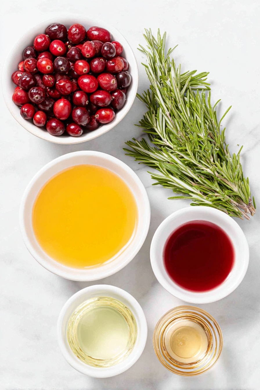 Flat lay of fresh whole cranberries scattered beside a few sprigs of vibrant green rosemary, a small white ceramic bowl filled with bright orange juice, a small white ceramic bowl of deep red cranberry juice, a small white ceramic bowl containing clear sparkling 7UP, a small white ceramic bowl with pale amber tequila, and a small white ceramic bowl holding rich red maraschino cherry juice, accompanied by a small white ceramic bowl of fresh yellow lemon juice, all arranged symmetrically with realistic proportions, placed on a clean white marble surface, soft natural light, photo taken with an iPhone, professional food photography style, fresh ingredients, white ceramic bowls, no bottles, no duplicates, no utensils, no packaging --ar 2:3 --v 7 --p m7354615311229779997 - Mistletoe Margarita, holiday Margarita recipe, festive cocktails, Christmas Margarita, cranberry margarita