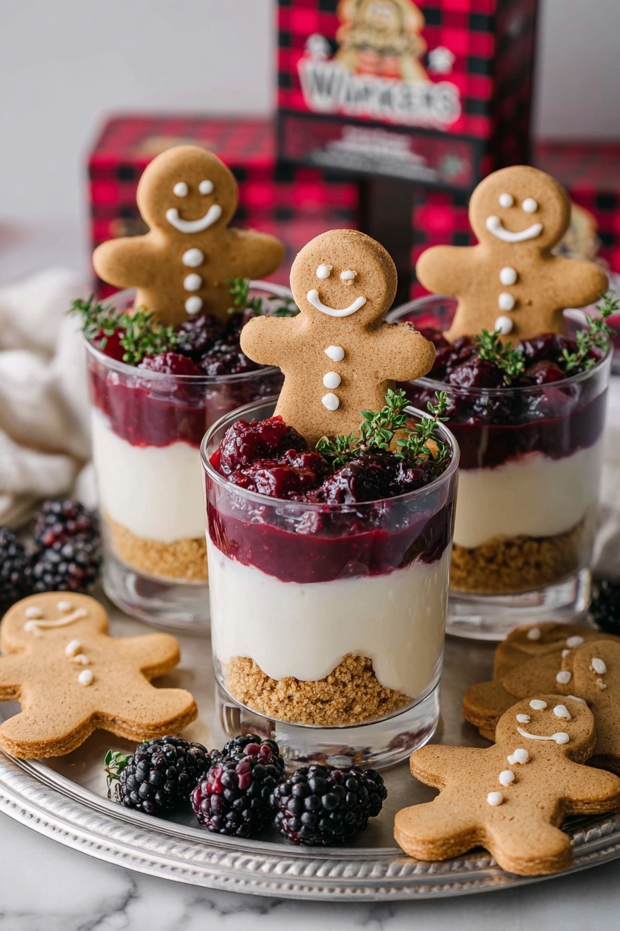 The image shows five glass cups each with three visible layers: a rough crumbly light brown base, a smooth white creamy middle, and a glossy deep red berry topping with whole sugared berries and small sprigs of green herbs. A smiling gingerbread cookie stands stuck in each cup on top. The cups are set on a white marble table, with a white plate holding more gingerbread cookies and a bowl with extra berry topping in the background. Silver spoons rest on white cloth napkins near the front, with scattered sugared berries and blackberries adding color and texture around them. Photo taken with an iphone --ar 2:3 --v 7 - No-Bake White Chocolate Cheesecake with Mulled Fruit, White Chocolate Cheesecake, No-Bake Cheesecake, Mulled Fruit Dessert, Winter Holiday Cheesecake