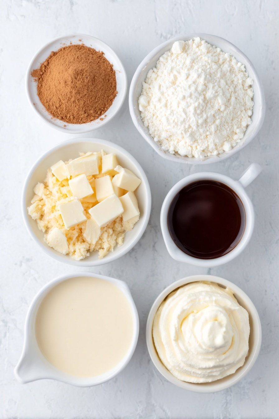 Flat lay of fresh whole gingerbread cookies arranged beside a small mound of warm golden ground cinnamon powder, a neat heap of pale ground ginger, two small white ceramic bowls—one filled with creamy white half-and-half, the other with smooth dark coffee liqueur—a third white bowl containing rich Irish cream liqueur with a silky texture, a small bowl of melted white chocolate with a glossy surface, and a dollop of fluffy whipped cream held in another white bowl, all elements balanced symmetrically on a clean white marble surface, soft natural light, photo taken with an iPhone, professional food photography style, fresh ingredients, white ceramic bowls, no bottles, no duplicates, no utensils, no packaging --ar 2:3 --v 7 --p m7354615311229779997 - Gingerbread Martini, festive holiday cocktail, winter cocktail recipe, holiday drinks, spicy holiday beverages