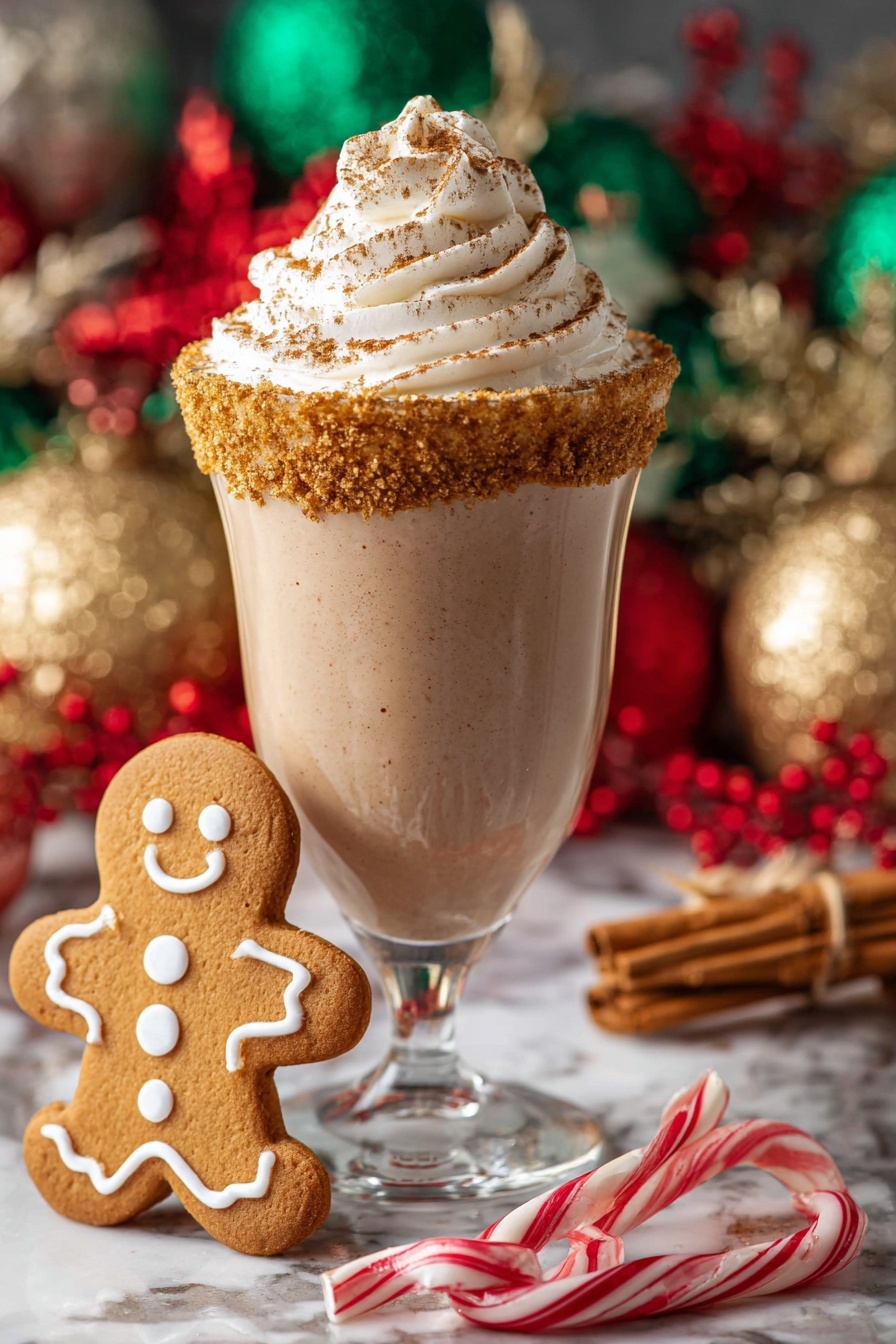 The image shows a tall glass filled with a smooth, light brown drink topped with a thick swirl of white whipped cream sprinkled with a light dusting of cinnamon. The glass has a crumbly brown sugar rim. Leaning against the glass is a smiling gingerbread man cookie decorated with white icing buttons and a smile. In the foreground, two red and white striped candy canes lie crossed on the white marbled surface. Behind the glass are cinnamon sticks tied with string and another gingerbread cookie outlined with white icing. The background includes sparkly gold ornaments and blurry green and red decorations, creating a festive holiday scene. Photo taken with an iphone --ar 2:3 --v 7 - Gingerbread Martini, festive holiday cocktail, winter cocktail recipe, holiday drinks, spicy holiday beverages
