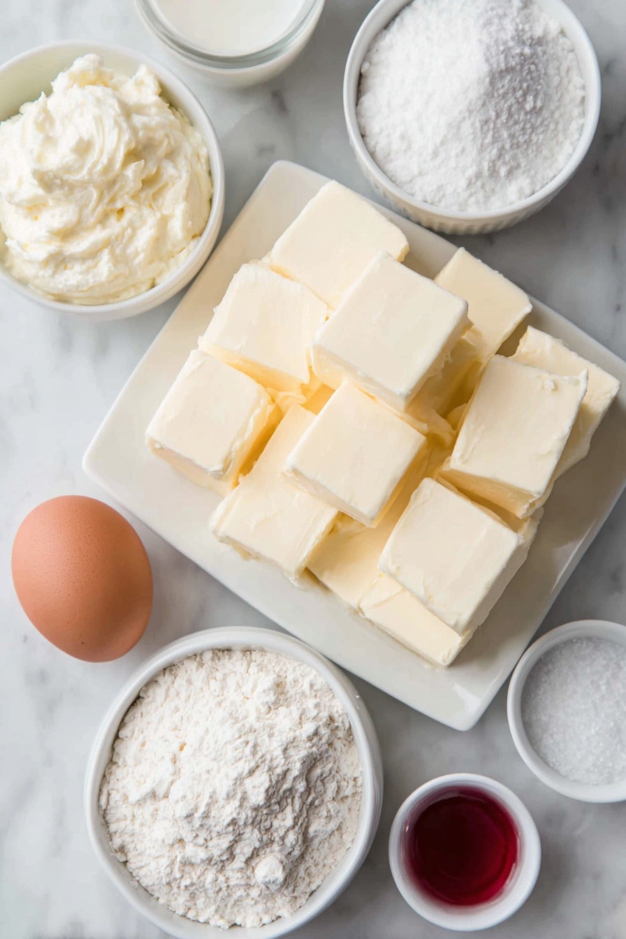 Flat lay of a few large cubes of unsalted butter, a small mound of cream cheese, a small white ceramic bowl filled with granulated sugar, a single large whole egg with a clean shell, a small white ceramic bowl with clear peppermint extract, a small heap of fine all-purpose flour, a small white ceramic bowl containing bright red gel food coloring, and a tiny pinch of salt poured neatly on the surface, all arranged with perfect symmetry on a clean white ceramic plate and small bowls, placed on a clean white marble surface, soft natural light, photo taken with an iPhone, professional food photography style, fresh ingredients, white ceramic bowls, no bottles, no duplicates, no utensils, no packaging --ar 2:3 --v 7 --p m7354615311229779997 - Candy Cane Cookies, holiday peppermint cookies, festive Christmas cookies, easy Christmas cookie recipes, peppermint swirl cookies