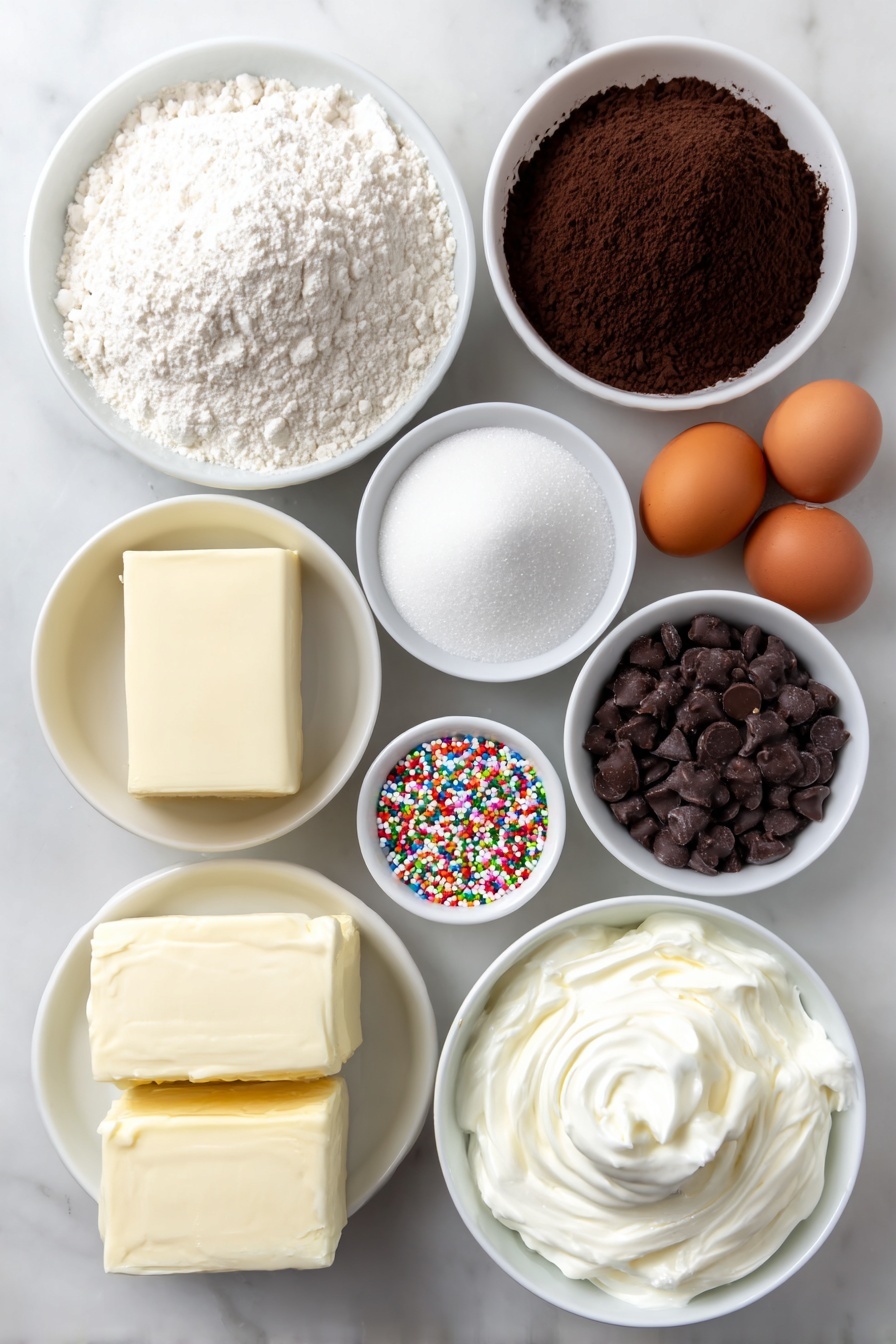 Flat lay of a small mound of all-purpose flour, a small white ceramic bowl filled with dark Dutch process cocoa powder, a small white ceramic bowl containing white baking powder sprinkled lightly, two whole brown eggs with clean shells, a small white ceramic bowl of light brown sugar, a small white ceramic bowl of granulated white sugar, a block of unsalted butter with a smooth surface, a small white ceramic bowl holding semi-sweet chocolate chips, a small white ceramic bowl filled with heavy whipping cream, and a small white ceramic bowl with colorful round nonpareil sprinkles, all arranged symmetrically and balanced on a clean white marble surface, soft natural light, photo taken with an iPhone, professional food photography style, fresh ingredients, white ceramic bowls, no bottles, no duplicates, no utensils, no packaging --ar 2:3 --v 7 --p m7354615311229779997 - Chocolate Thumbprint Cookies with Ganache, chocolate cookies with ganache, easy chocolate cookies, fancy cookie recipes, decadent chocolate treats