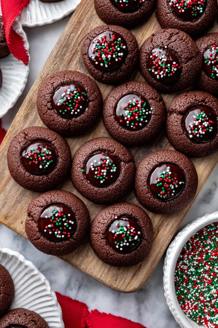 The image shows about sixteen dark brown round cookies with slight dome shapes on a white wooden board. Each cookie has a deep center filled with shiny dark chocolate that reflects light, topped with small red, green, and white round sprinkles scattered evenly on top. To the right of the board, there is a white bowl filled with the same red, green, and white sprinkles. Part of another white plate with a few cookies and a red ribbon are visible on the left side. The surface under the board is a white marbled texture. Photo taken with an iphone --ar 2:3 --v 7 - Chocolate Thumbprint Cookies with Ganache, chocolate cookies with ganache, easy chocolate cookies, fancy cookie recipes, decadent chocolate treats