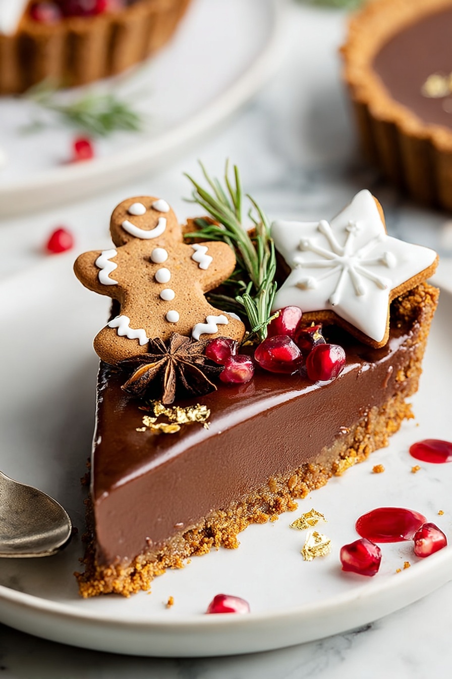 A slice of rich, smooth dark chocolate tart with a crumbly golden crust at the bottom, topped with a gingerbread cookie shaped like a man with white icing details and a white star-shaped cookie also decorated with white icing. There are small red pomegranate seeds, a brown star anise, green rosemary sprigs, and tiny gold flakes scattered on top. The tart is placed on a white plate set on a white marbled surface. Some red juice spots are near the tart, and a piece of the tart is on a silver spoon close by. Photo taken with an iphone --ar 2:3 --v 7 - Vegan Gingerbread Chocolate Tart, gingerbread chocolate tart, vegan holiday desserts, dairy-free chocolate tart, festive vegan desserts